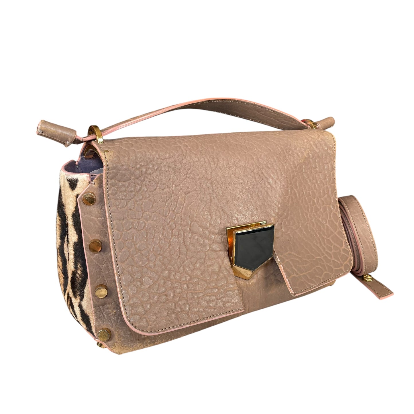 Jimmy Choo Lockett Two Way Bag Leopard Pony Hair Taupe Leather Gold HW Satchel