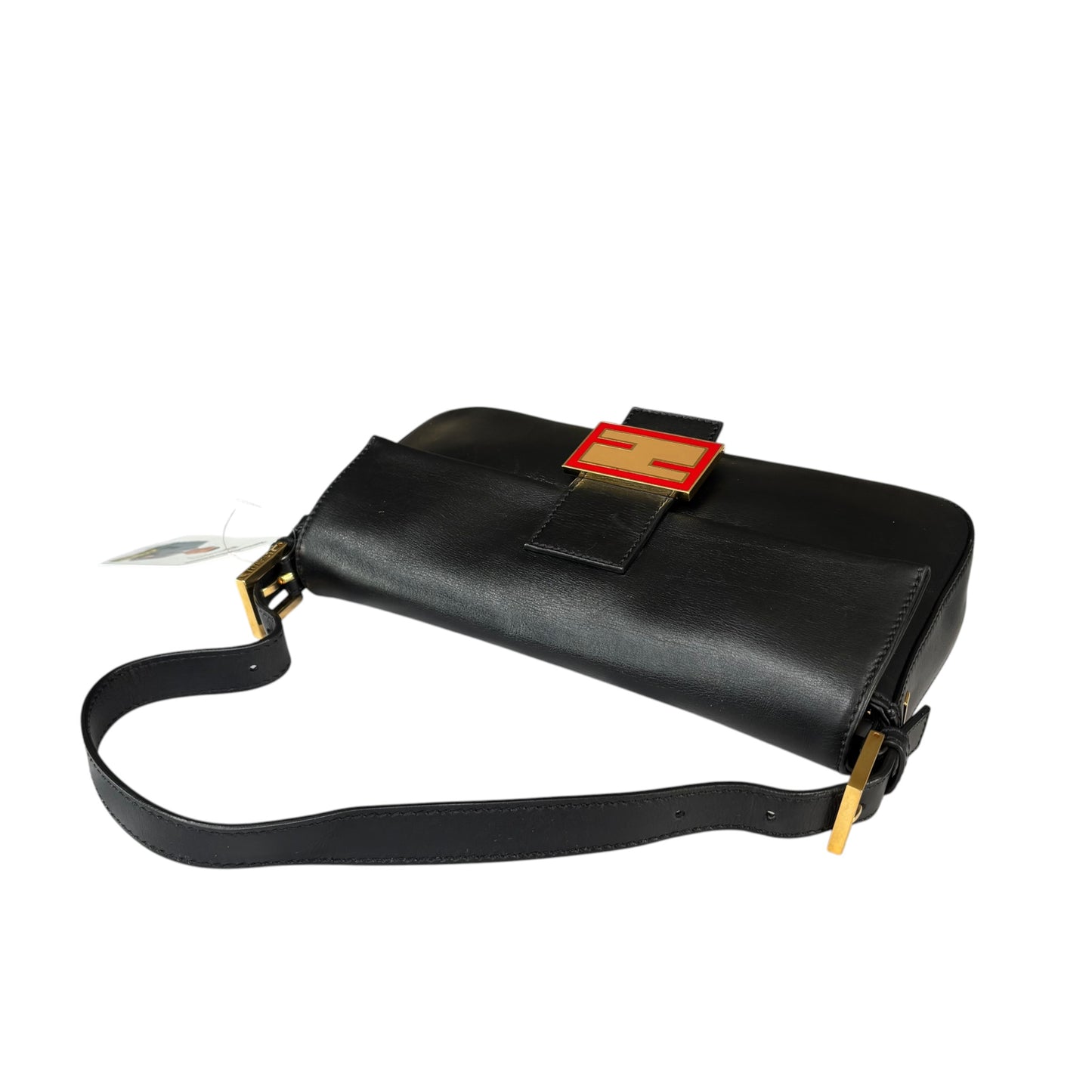 Fendi Baguette Re-Issue Black Leather GHW Red/ Tan Shoulder Purse