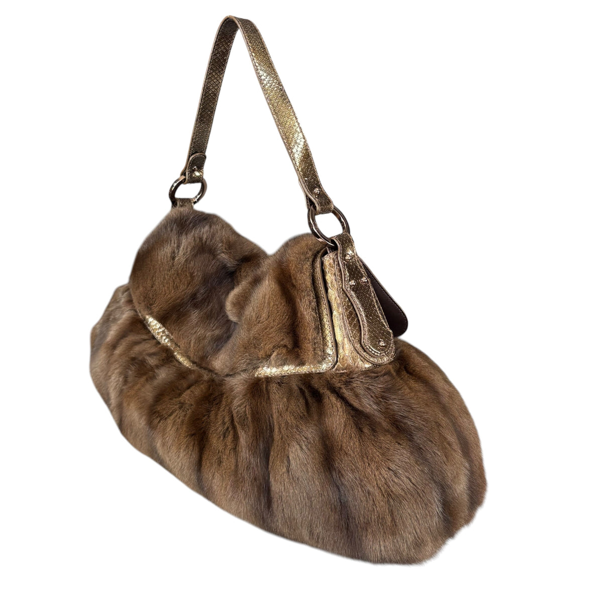 Fendi Y2K Chef Brown XL Rabbit Embossed Snake Metallic Leather Shoulder Purse