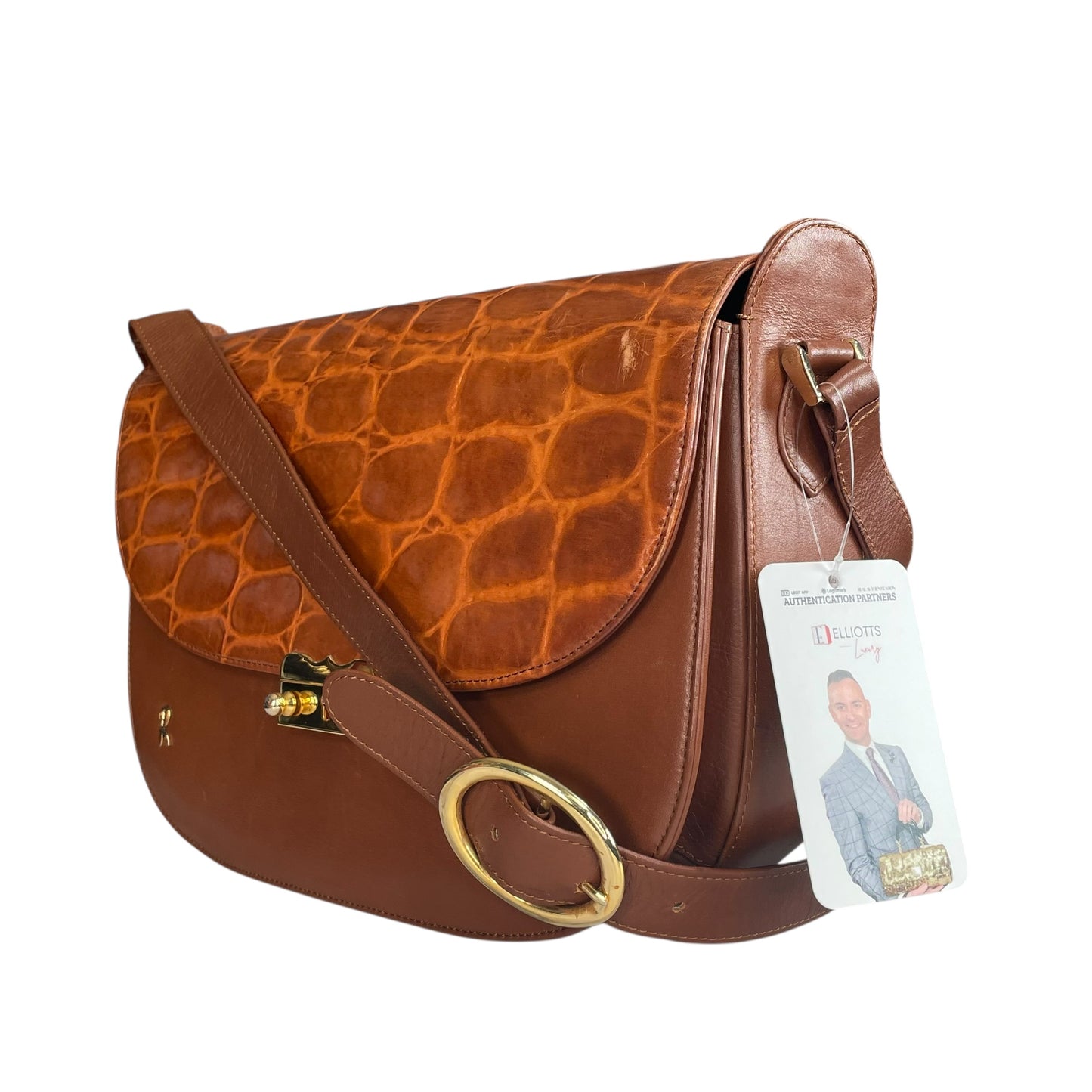 Roberta Di Camerino Croc Embossed Brown Leather GHW Shoulder Flap Purse