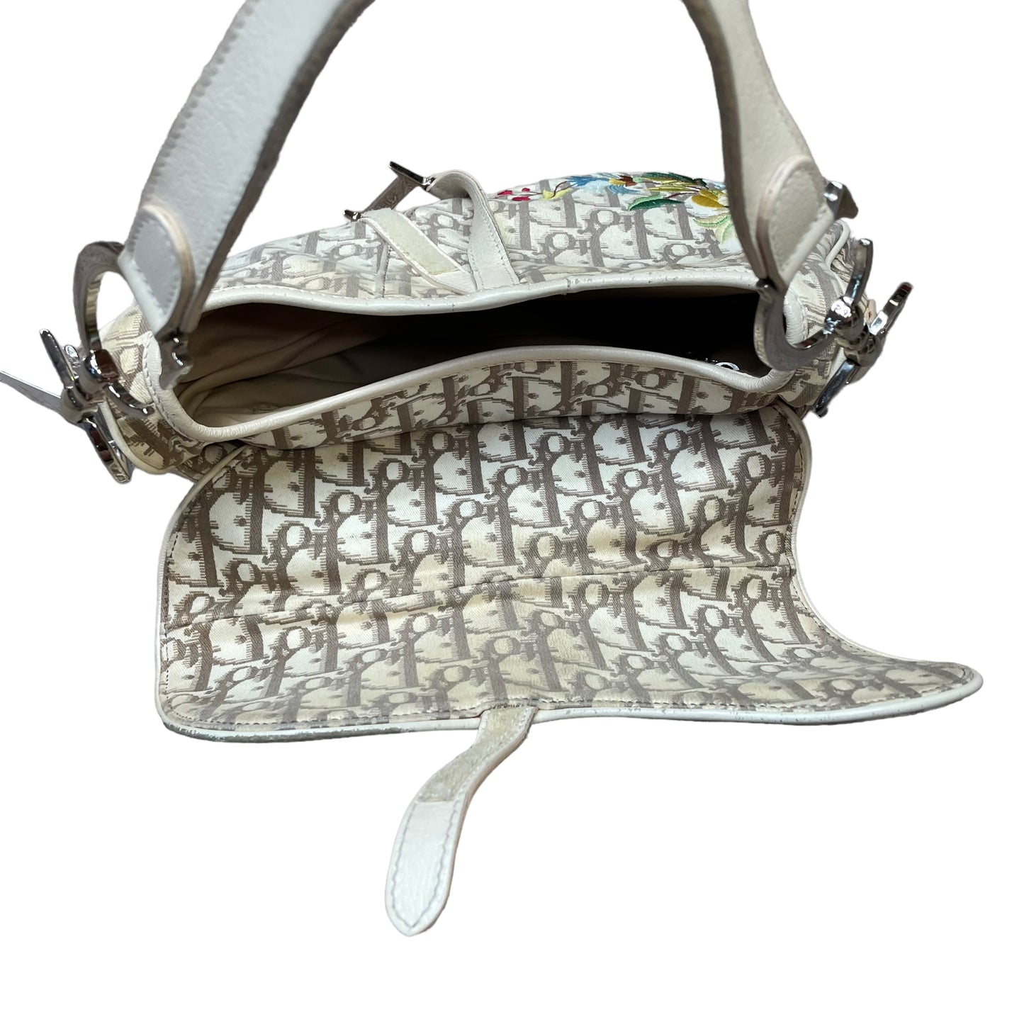 Christian Dior Saddle Oblique Bag Floral Embroidered Ivory Canvas Silver Hardware Purse