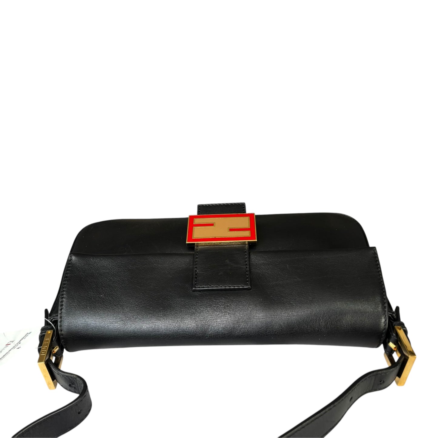 Fendi Baguette Re-Issue Black Leather GHW Red/ Tan Shoulder Purse