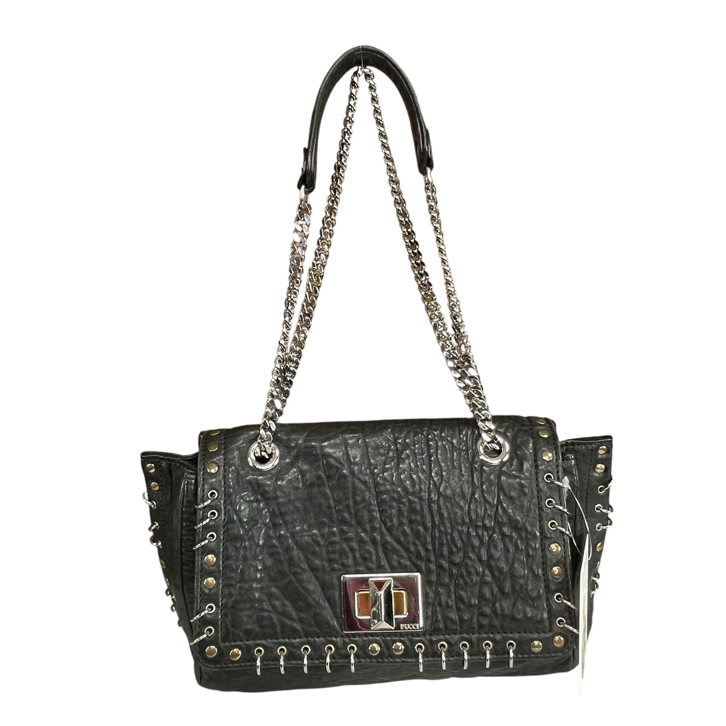Emilio Pucci Pierced Studded Flap Black Aged Cowhide Silver Gold 2-Way Shoulder Bag