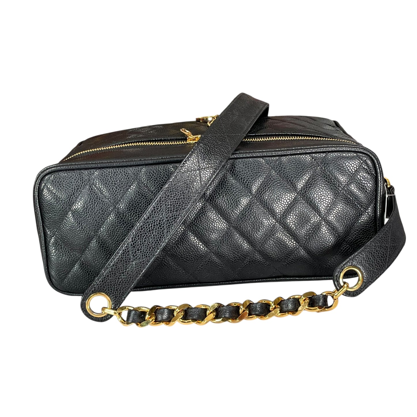 Chanel CC Cosmetic Camera Tolietry Vanity Caviar Black Leather 24K Plated 2 Way Purse