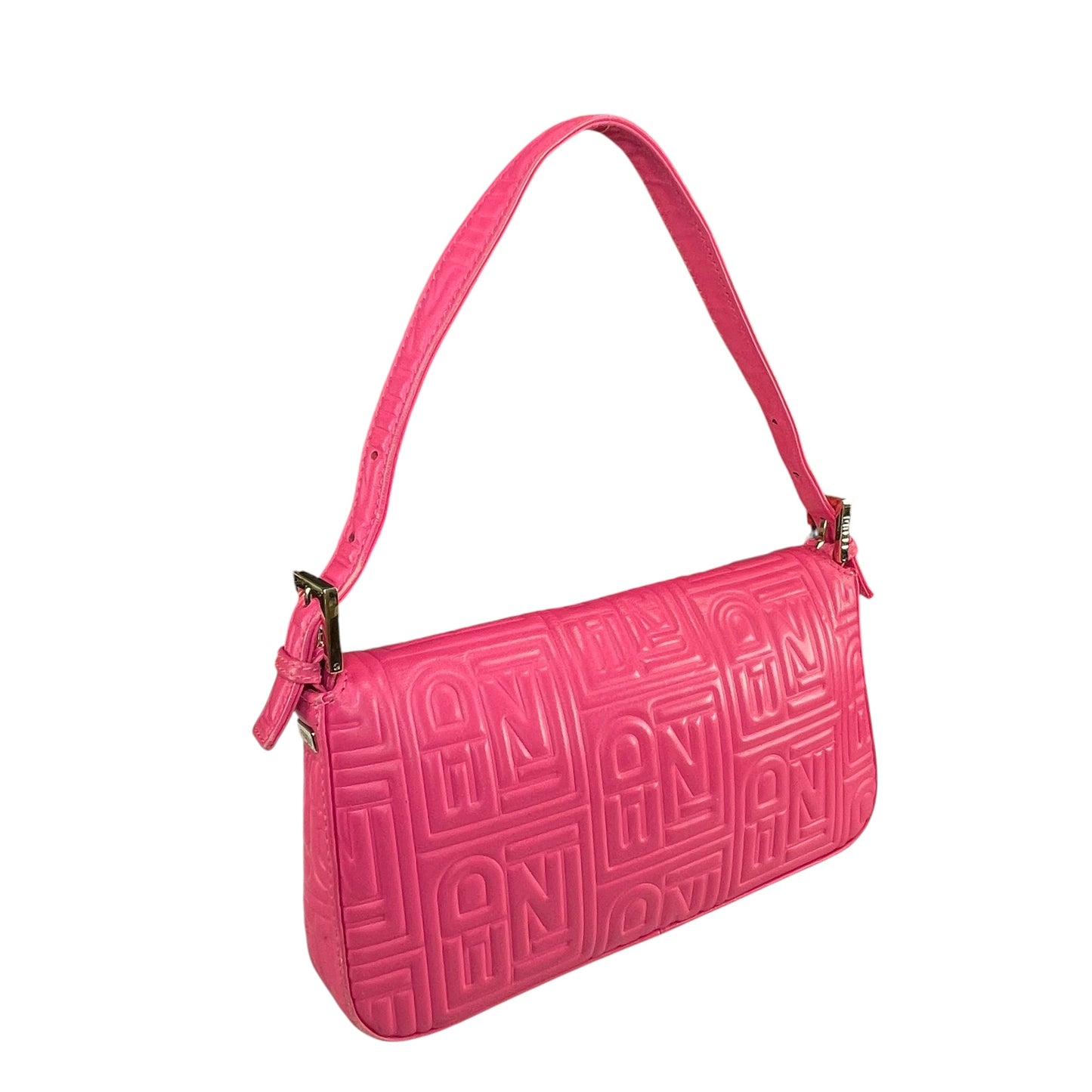 Fendi Baguette Re-Issue Embossed GHW Fusia Pink Leather Shoulder Purse