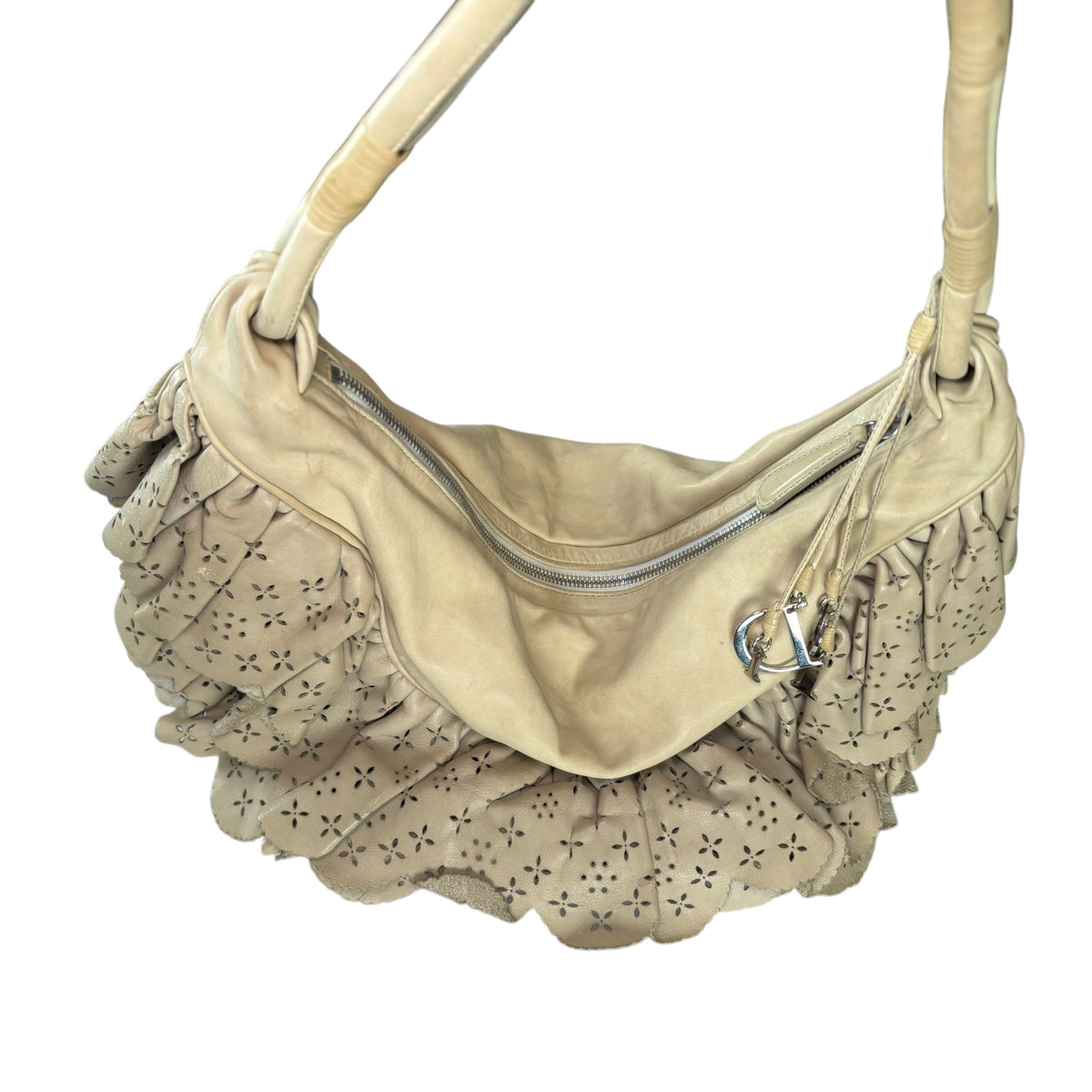 Christian Dior Bone Gypsy Ruffled Leather Perforated Hobo Bag
