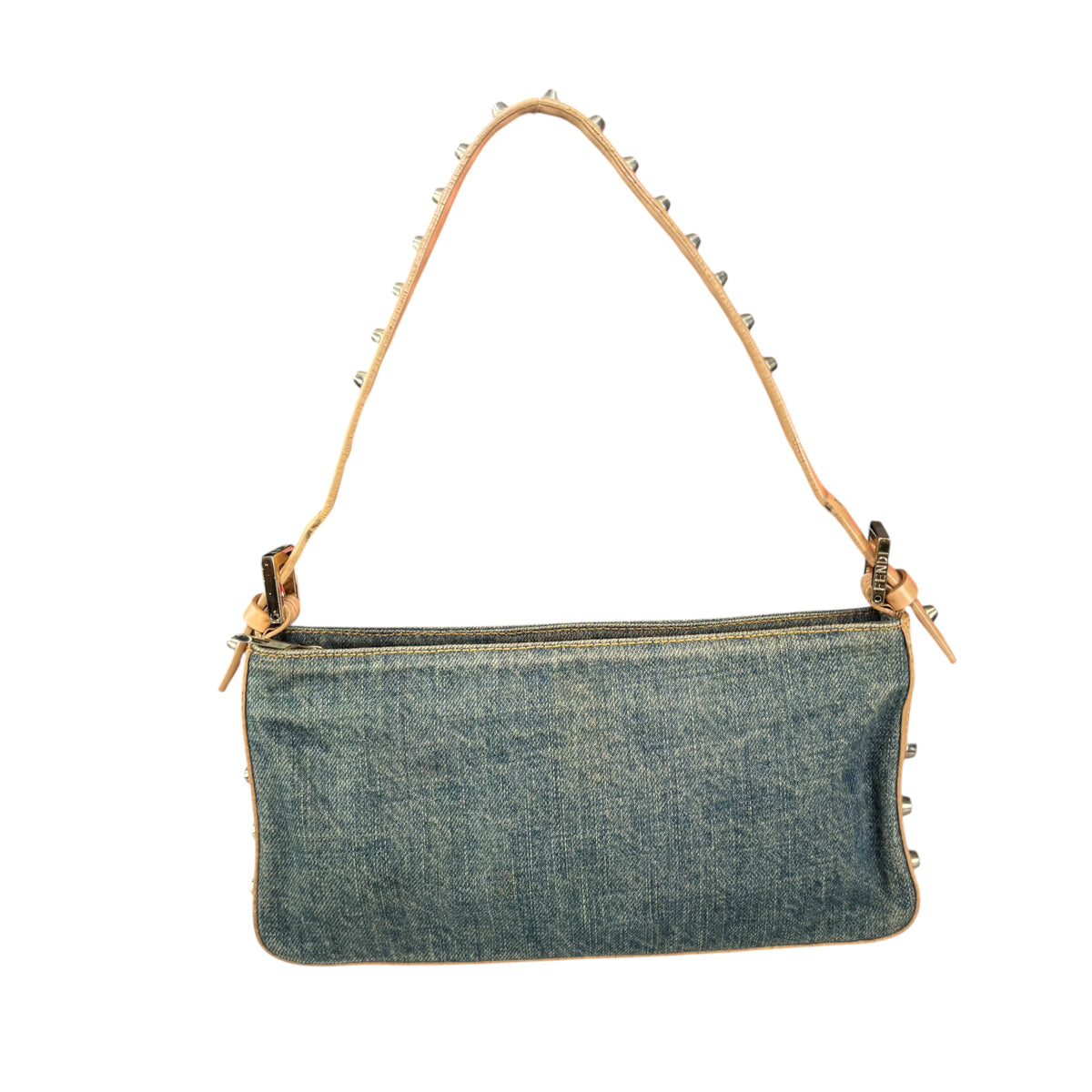 Fendi Y2K Baguette GHW Denim Studded Tan Leather Shoulder Purse