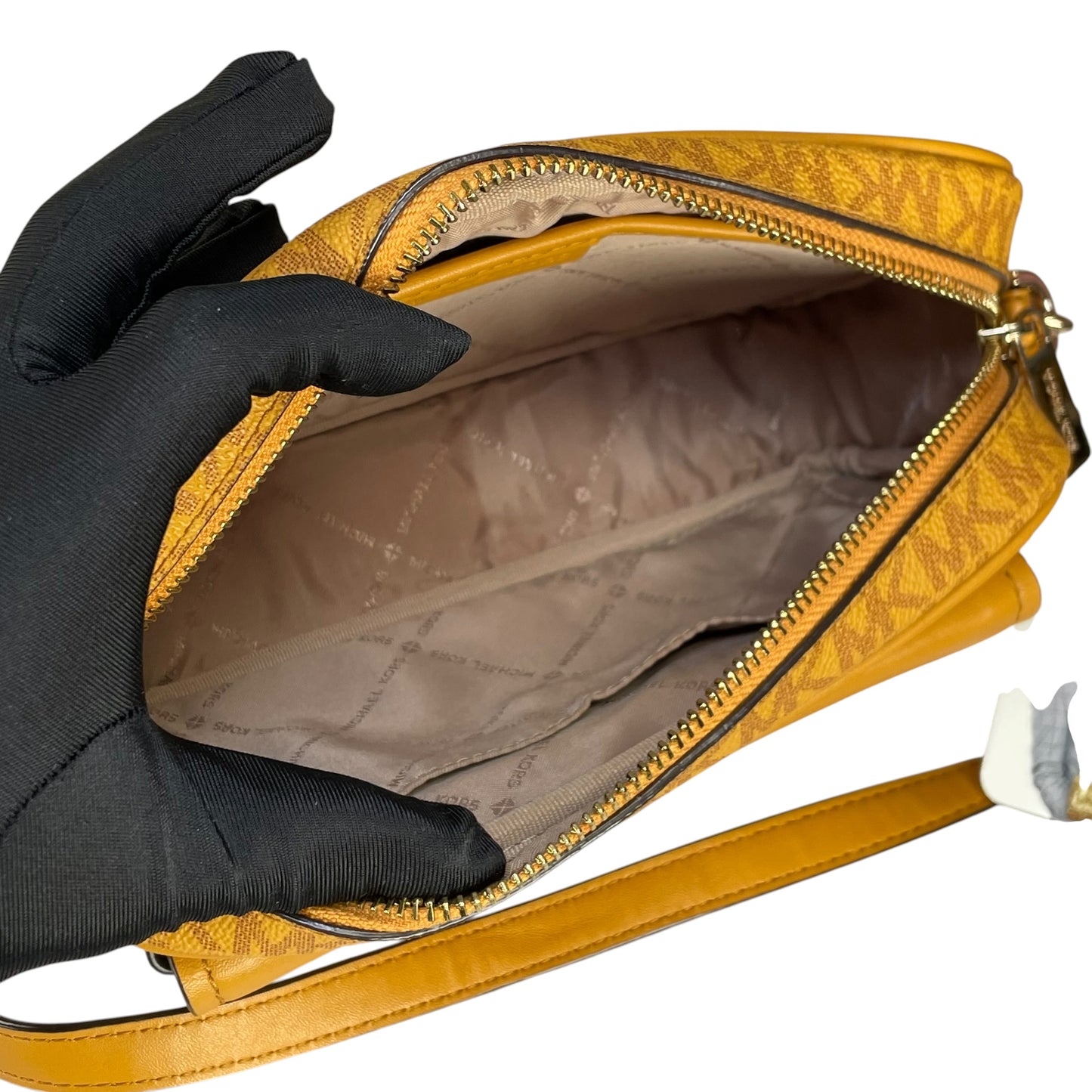 Micheal Kors Mustard GHW Jet Set Leather Canvas Crossbody