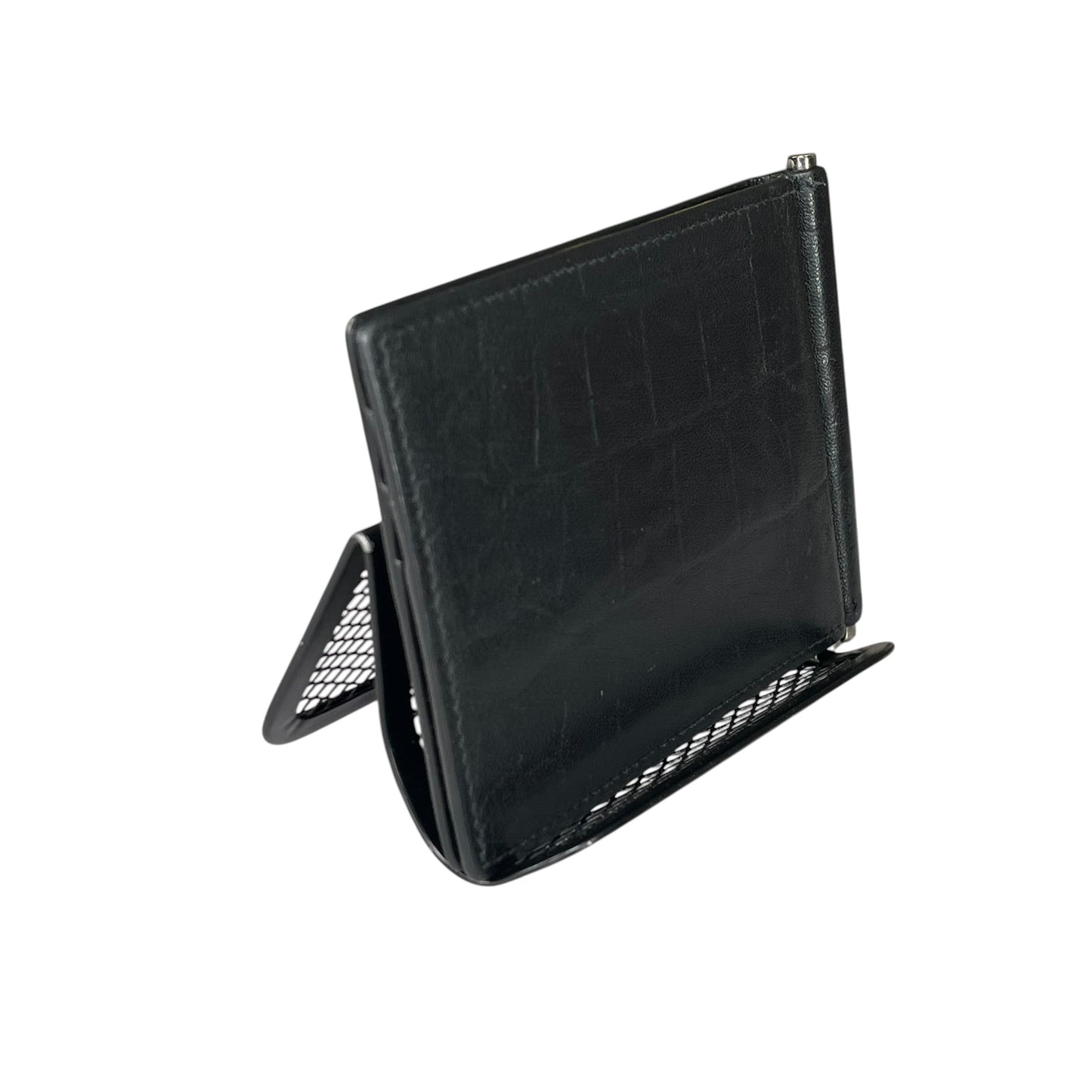 YSL Mens Black Croc Embossed Clip Cash Card Bi Fold Wallet