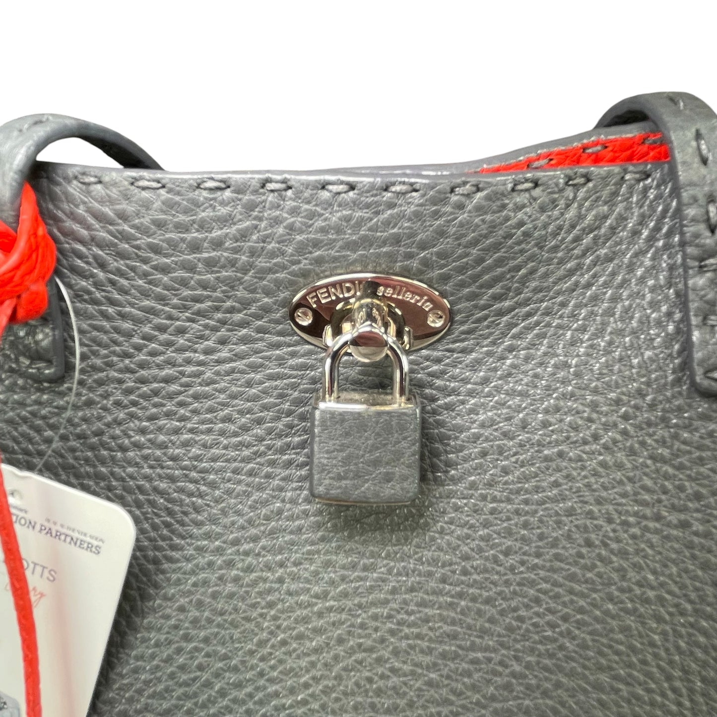 Fendi Selleria Grey / Red Sterling Silver  Pebbled Leather Lock Medium Tote