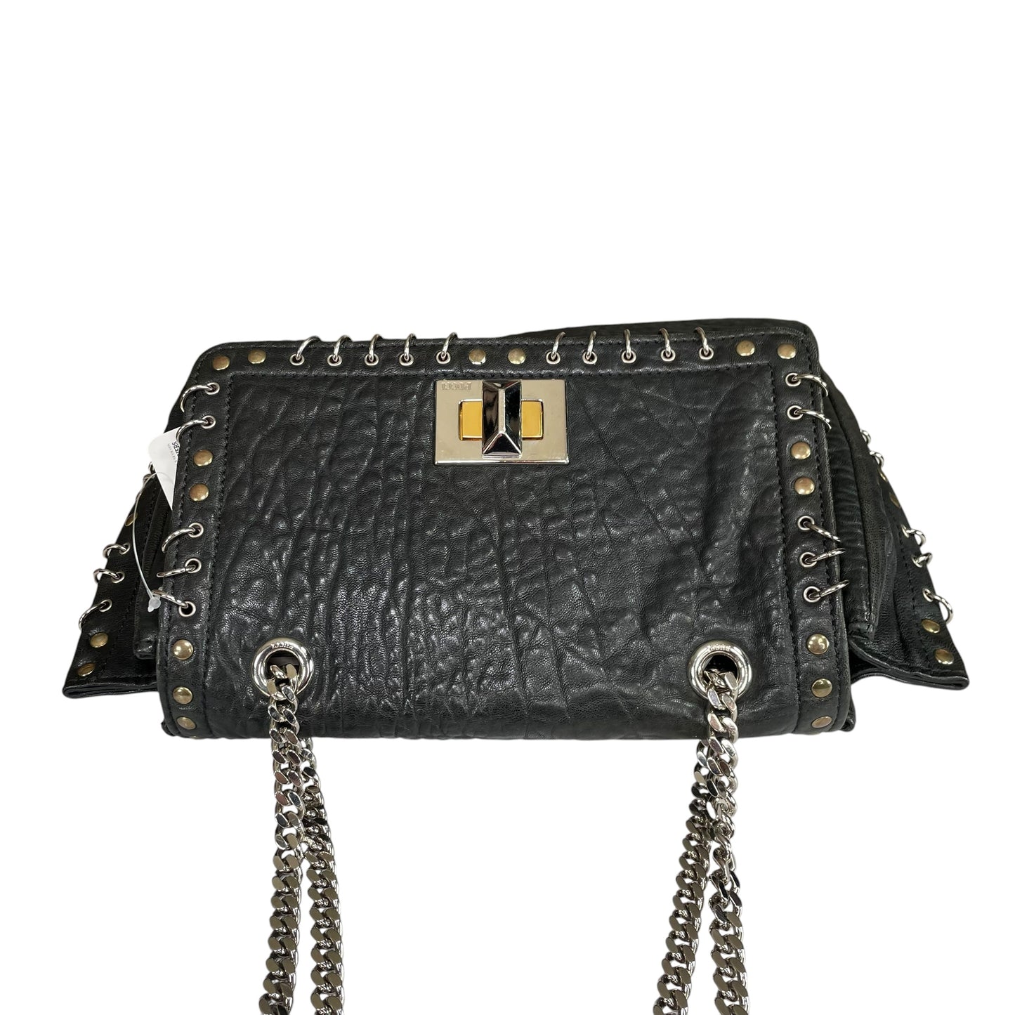 Emilio Pucci Pierced Studded Flap Black Aged Cowhide Silver Gold 2-Way Shoulder Bag