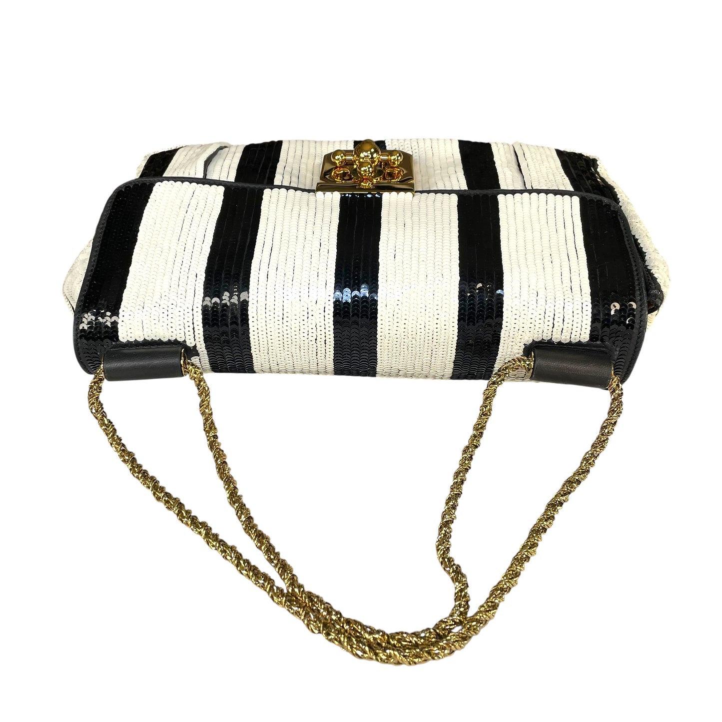 Chloe Elsie Medium Sequin Leather Stripe Black White GHW Rope Strap Shoulder Bag