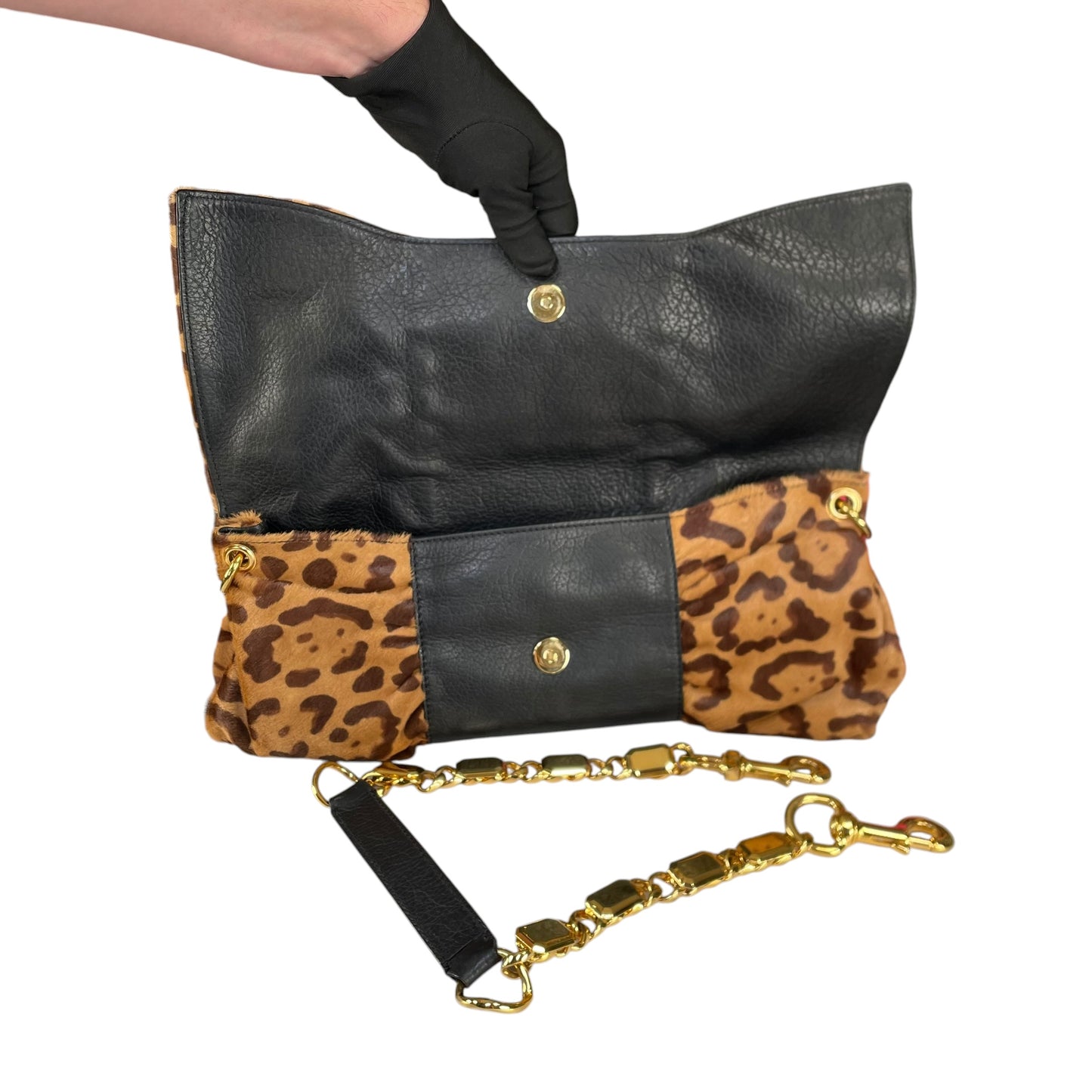 Valentino Leopard Pony Hair Studded GHW East-West Chain Shoulder Bag / Clutch