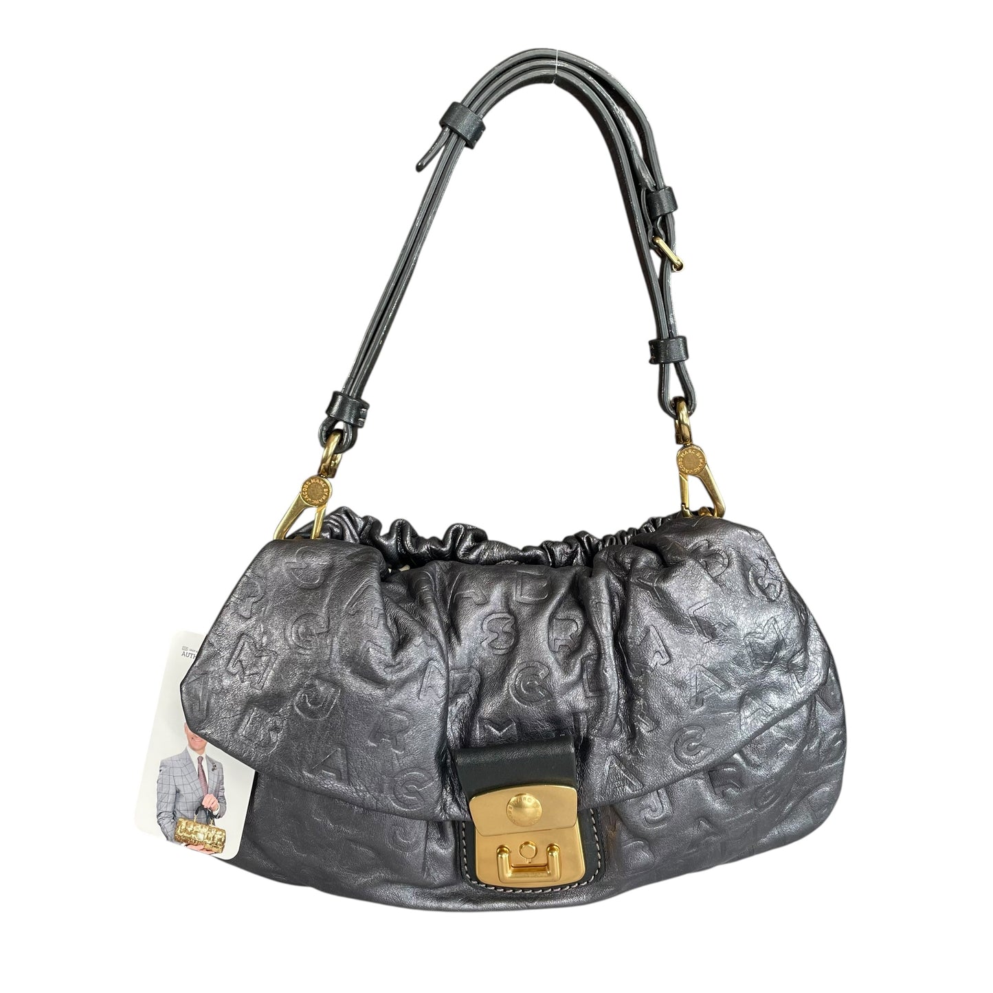 Marc Jacobs Linda Metallic Grey GHW Mono Leather Cinched Shoulder Purse