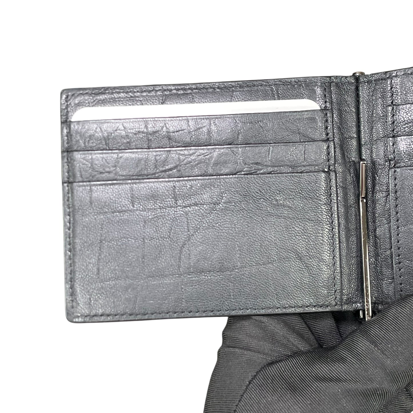 YSL Mens Black Croc Embossed Clip Cash Card Bi Fold Wallet