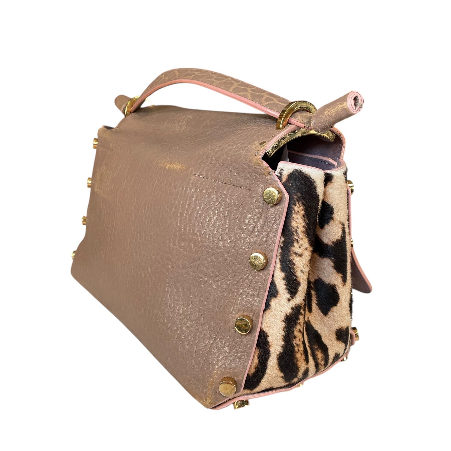 Jimmy Choo Lockett Two Way Bag Leopard Pony Hair Taupe Leather Gold HW Satchel