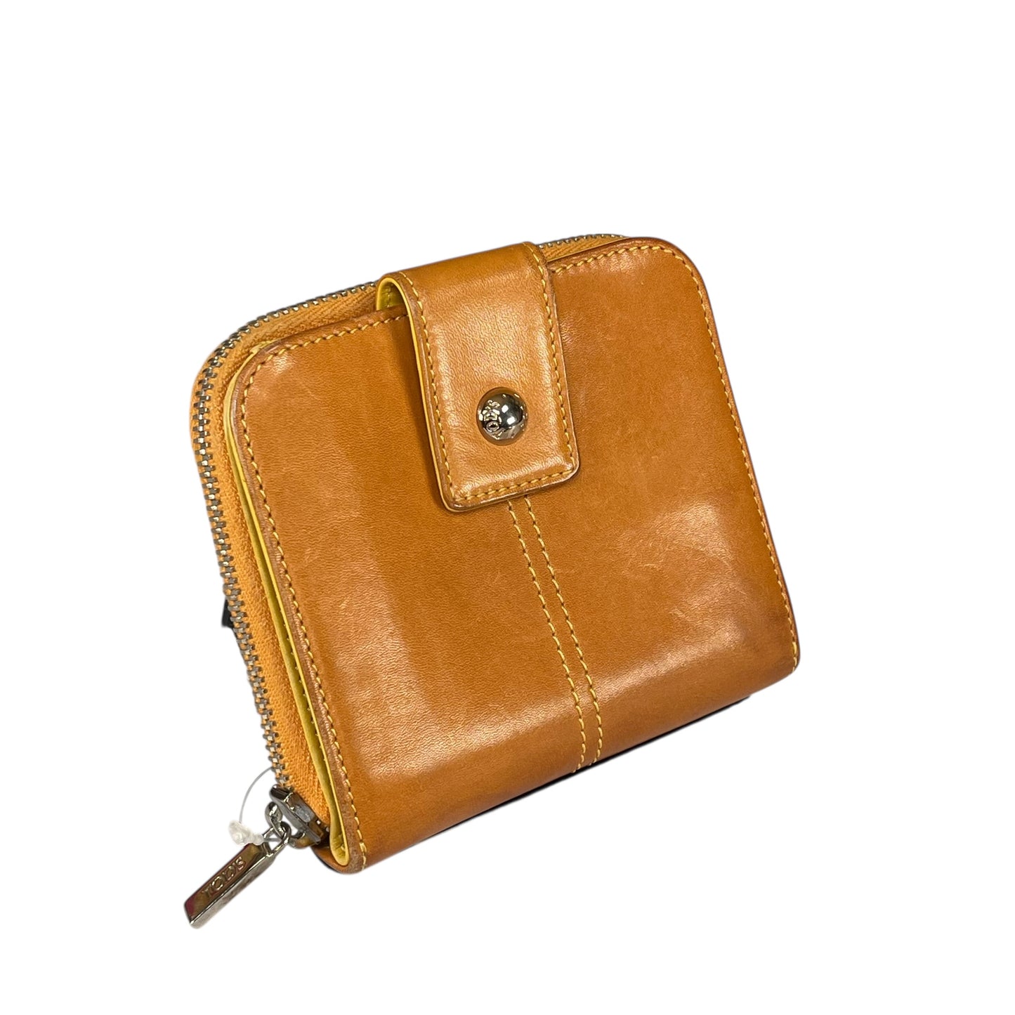 TOD’s Italian Leather Brown / Yellow SHW Snap Tab Zip Around Compact Wallet