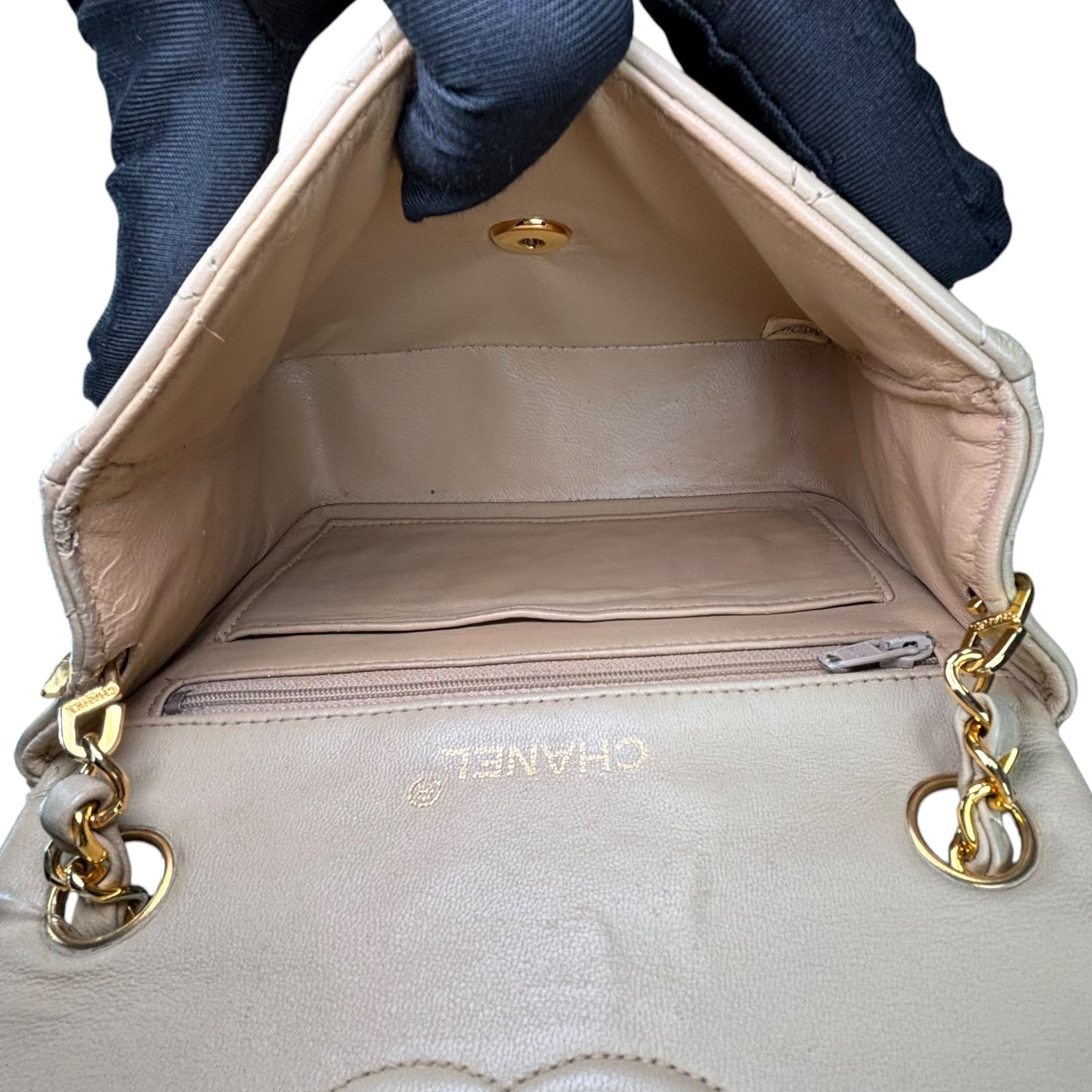 Chanel CC Classic Mini Square Beige Lambskin GHW Shoulder Purse