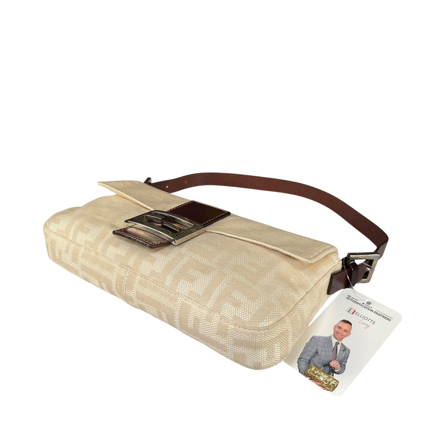 Fendi Baguette Y2K Zucca Monogram Cream Brown Fabric Leather Shoulder Purse