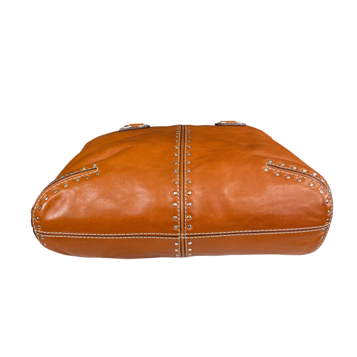 Michael Kors Astor Studded Equestrian SHW Distressed Tan Leather Satchel