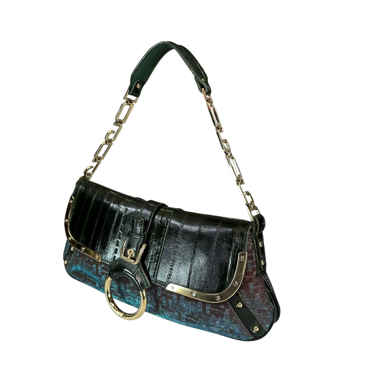 Dolce & Gabbana D-Ring Eel Skin Green / Gold Hologlyphic Canvas Shoulder Purse