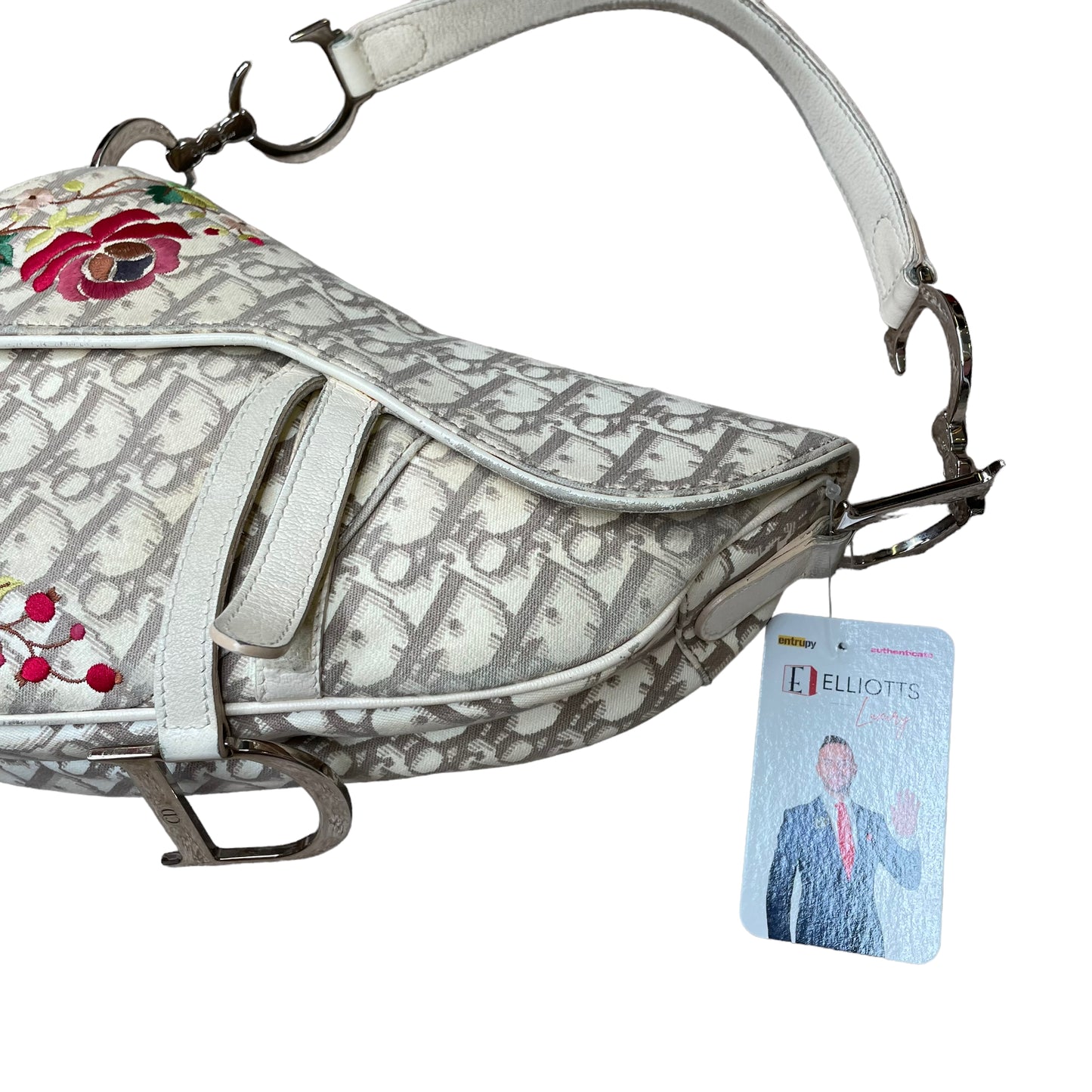 Christian Dior Saddle Oblique Bag Floral Embroidered Ivory Canvas Silver Hardware Purse