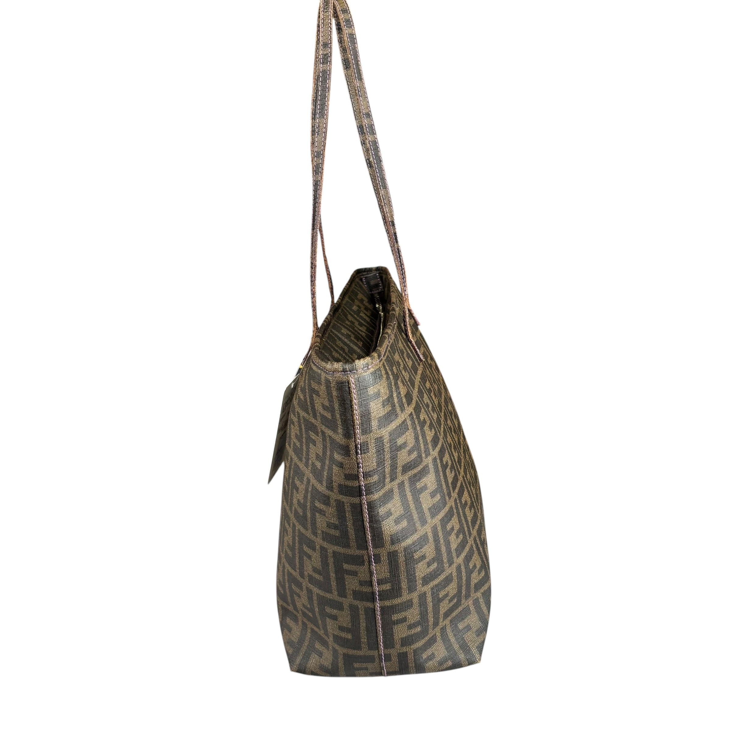 Fendi Spalmati Zucca Coated Canvas Brown / Black Zip Shoulder Tote