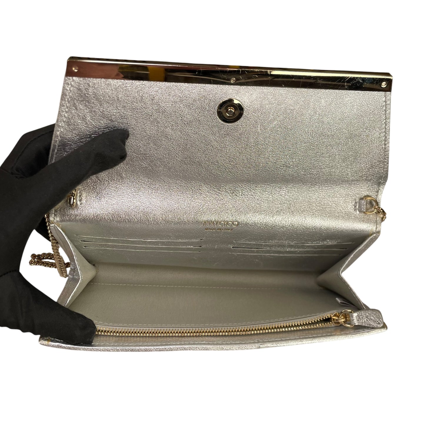 Jimmy Choo Margot Metallic Glitter Silver Leather GHW Chain Clutch