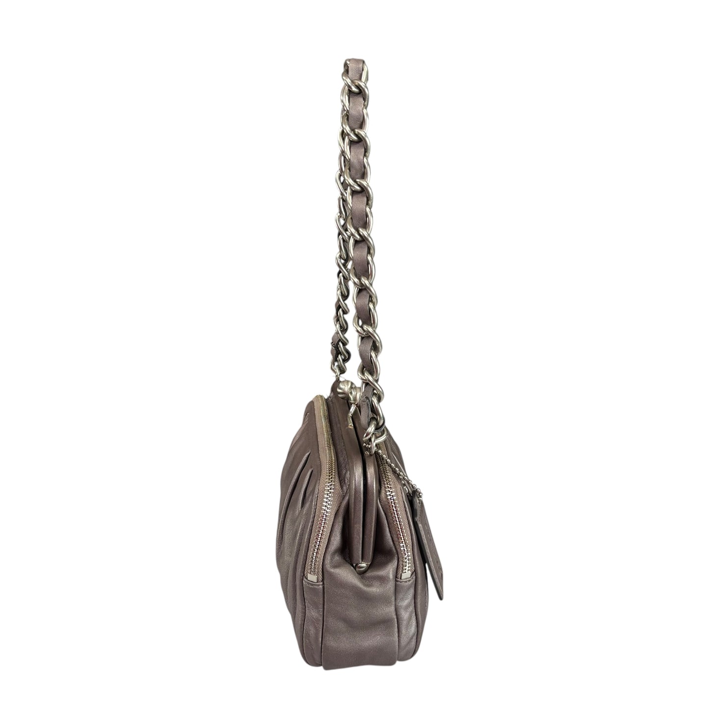 Coach Y2K Parker Gray Metallic Nickel HW Chain Kiss-Lock Leather Shoulder Purse