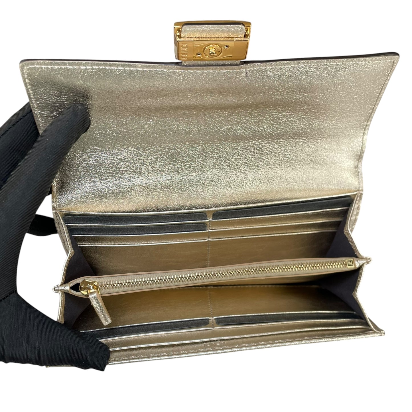 Fendi Zucca Baguette Leather Metallic Gold Silver Continental Long Wallet
