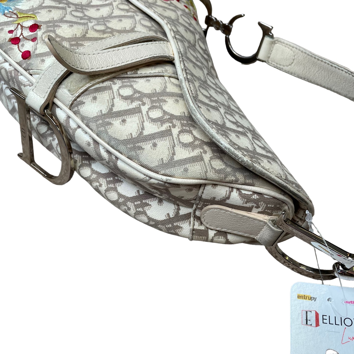 Christian Dior Saddle Oblique Bag Floral Embroidered Ivory Canvas Silver Hardware Purse