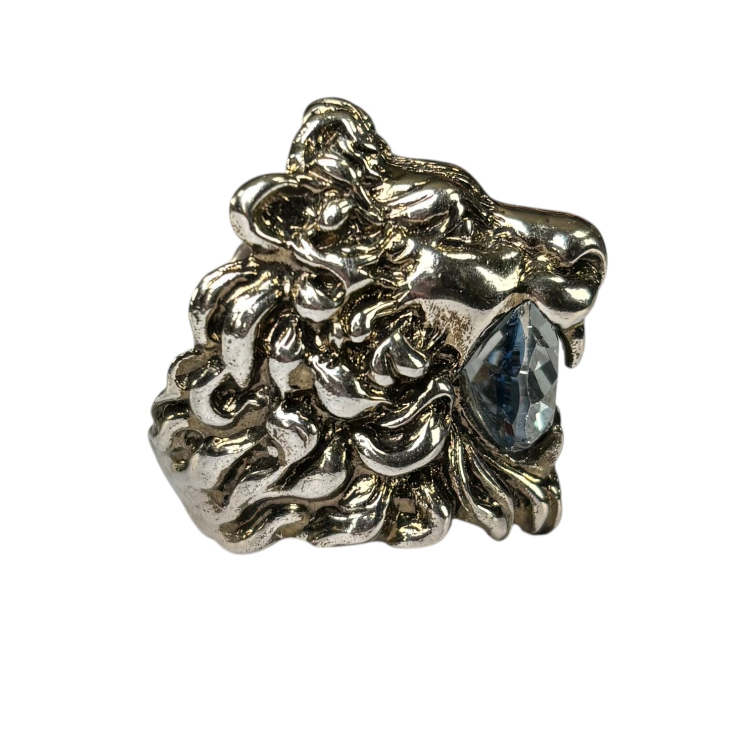 Gucci Lion Head Blue Crystal Silver Tone Pinky Ring Sz 5.5