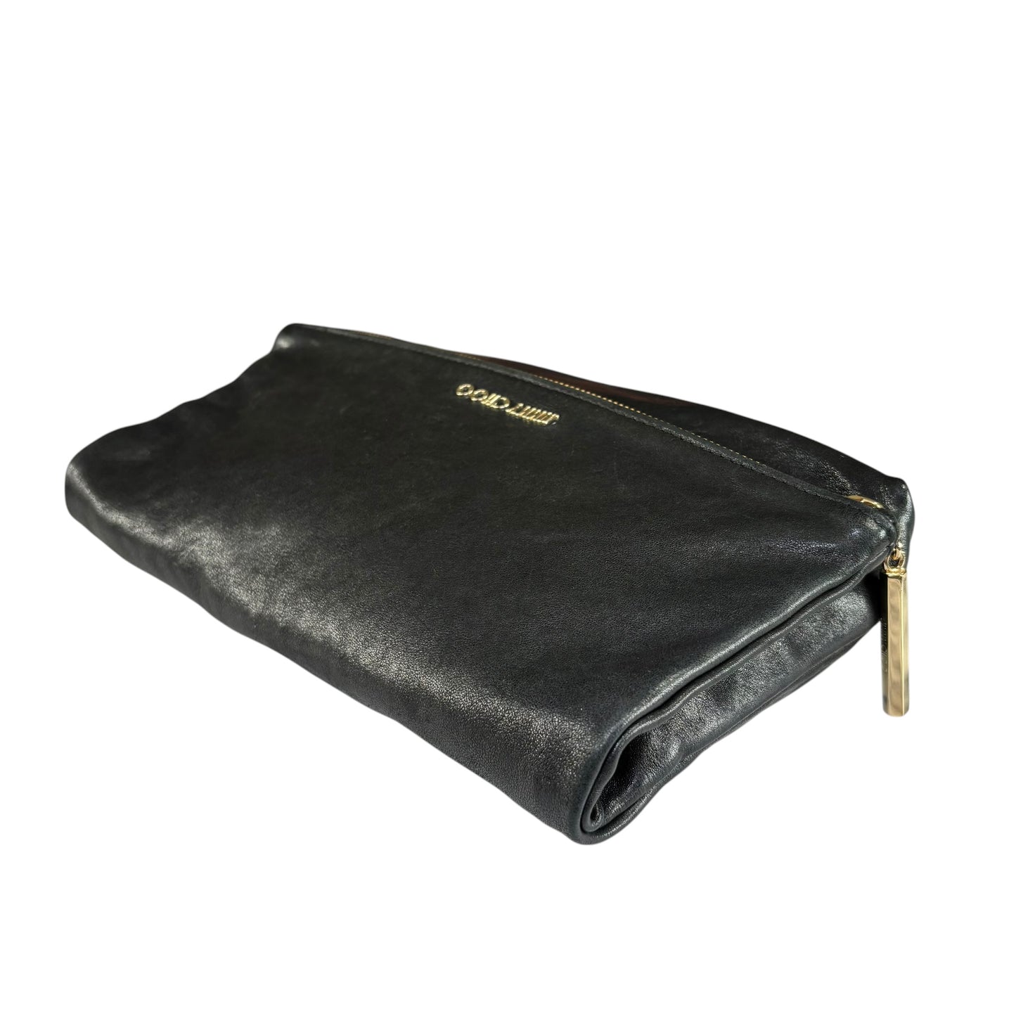 Jimmy Choo Nyla Black GHW Leather Fold-Over Zip Clutch