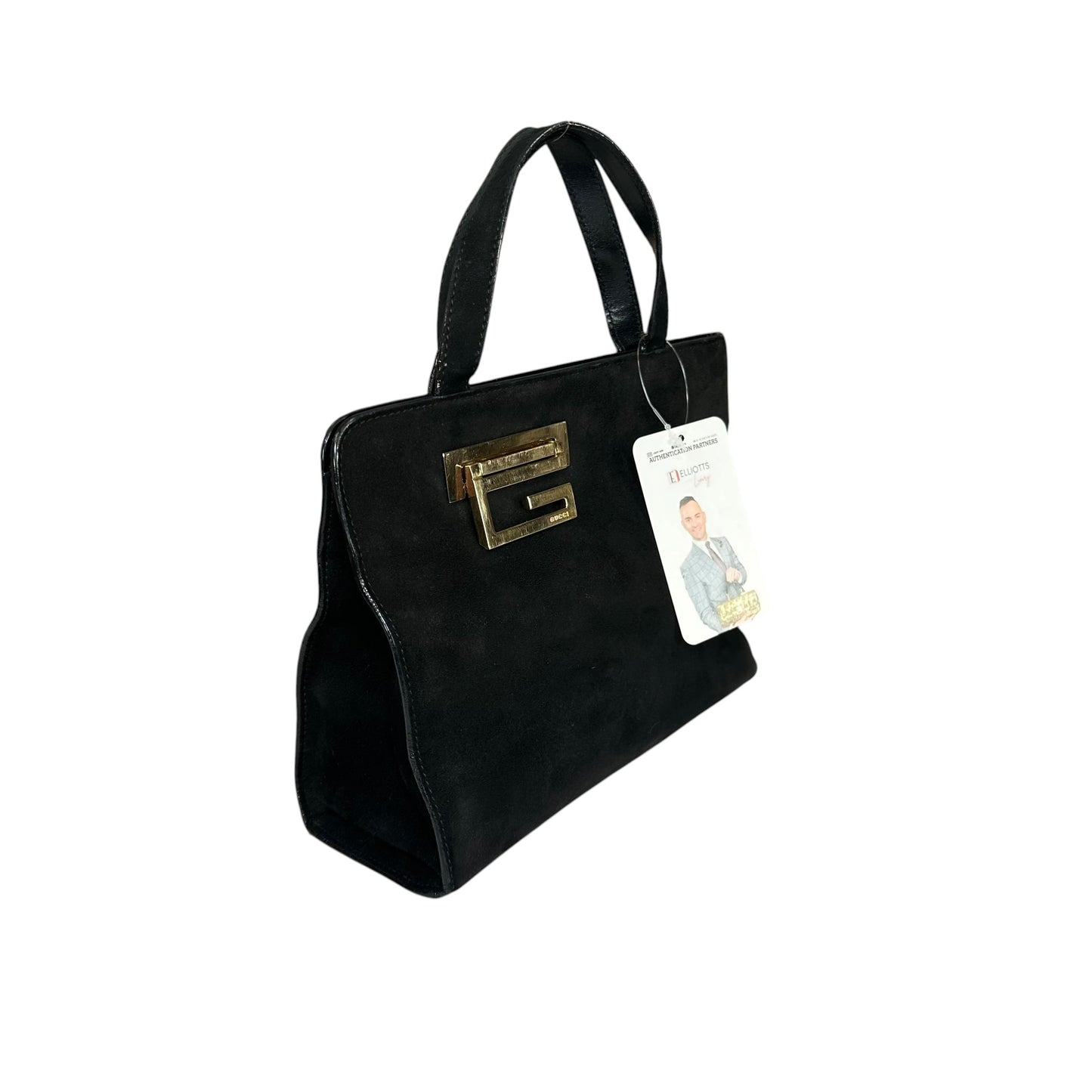 Gucci G Black Suede. Leather GHW Mini Tilt-Lock Top Purse