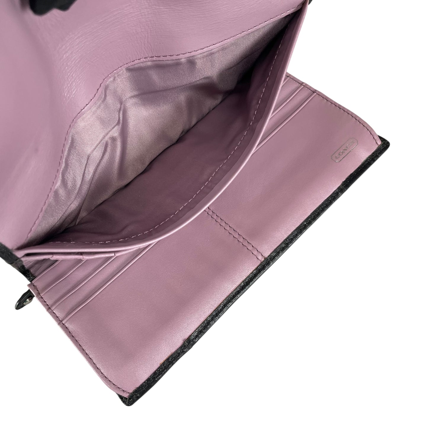 Coach Madison Carriage Logo Black Leather Trifold Long Wallet Lilac Interior SHW