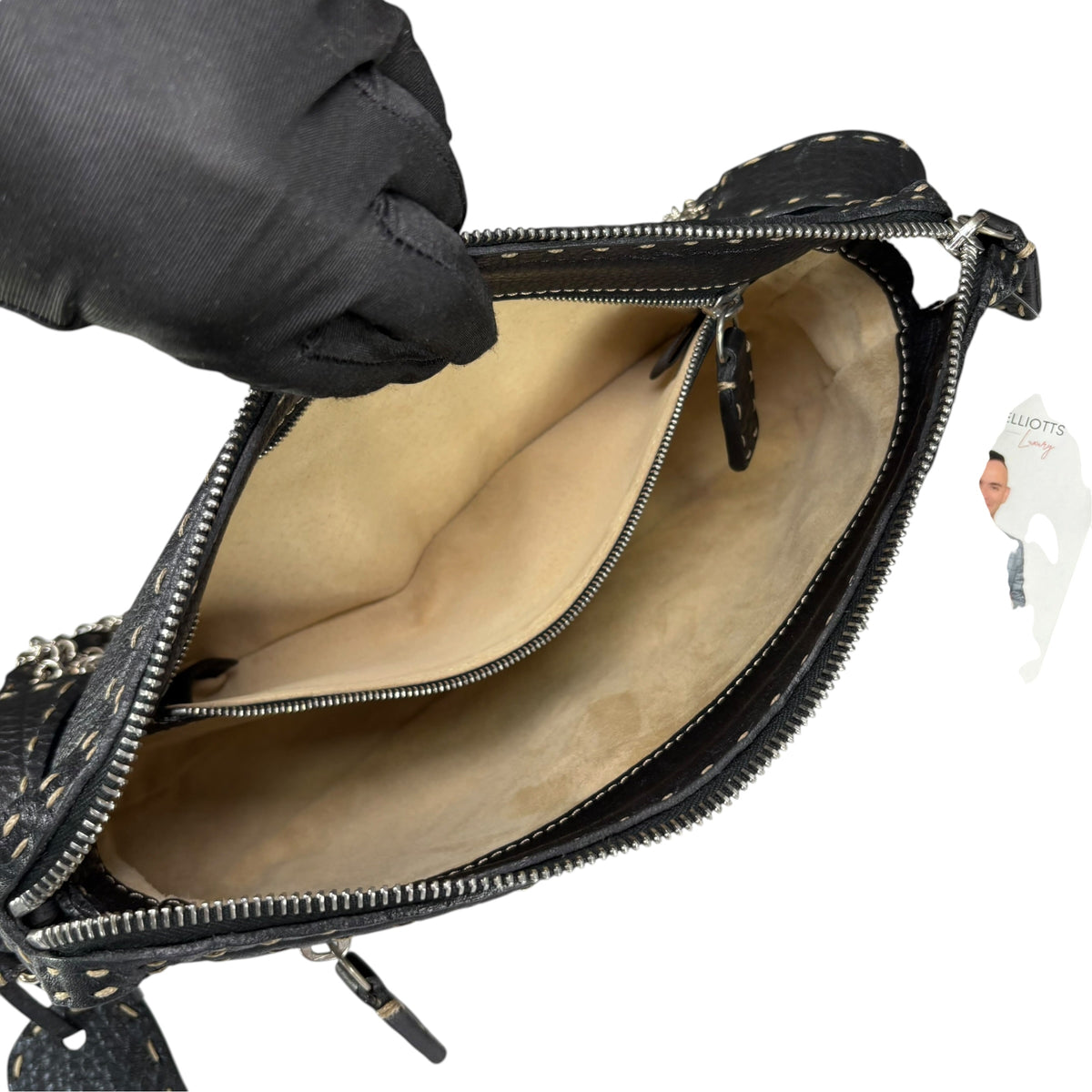 Fendi Selleria Baguette Black Leather Sterling Mesh Chain Purse