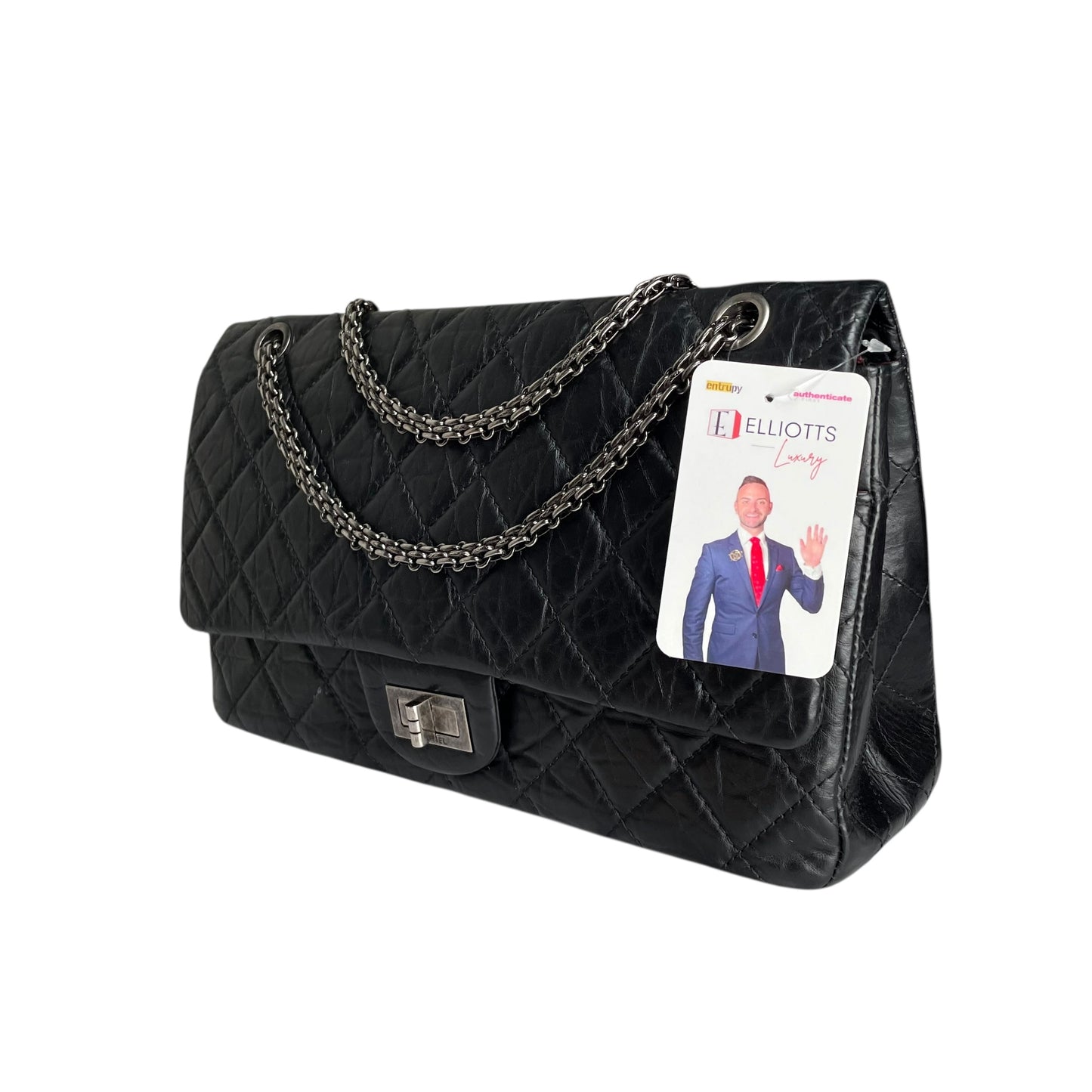Chanel CC 255 Re-Issue Large Black Aged Calf Gunmetal Hardware Double Flap Purse