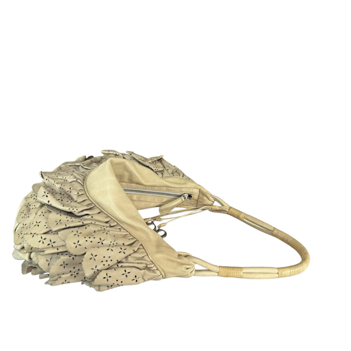 Christian Dior Bone Gypsy Ruffled Leather Perforated Hobo Bag