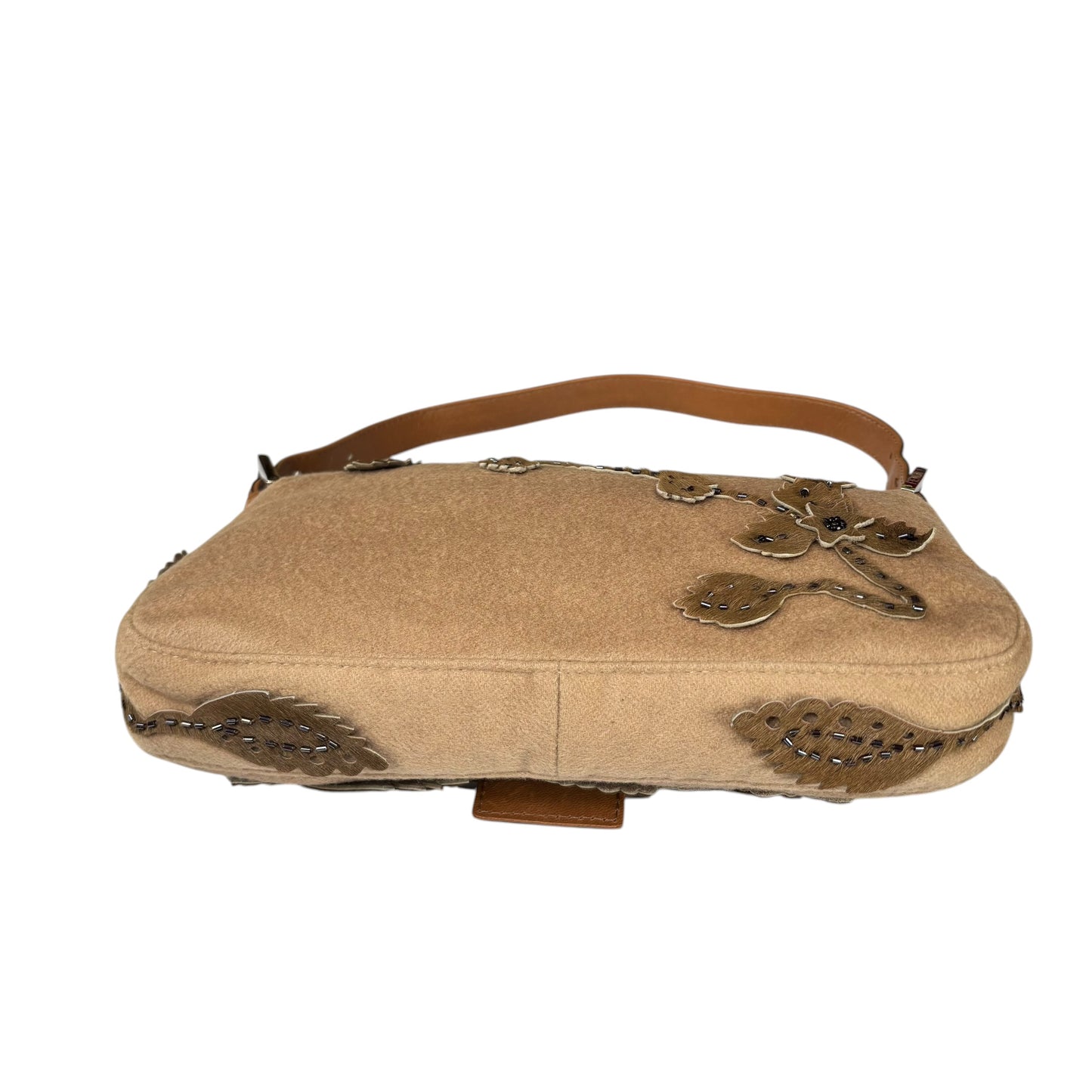 Fendi Y2K Cashmere Brown Pony Floral Beaded Baguette