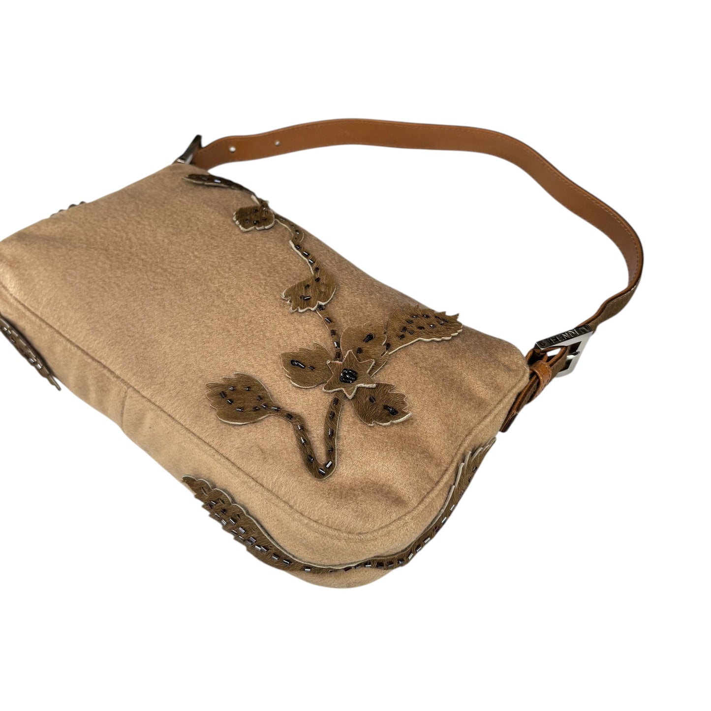 Fendi Y2K Cashmere Brown Pony Floral Beaded Baguette