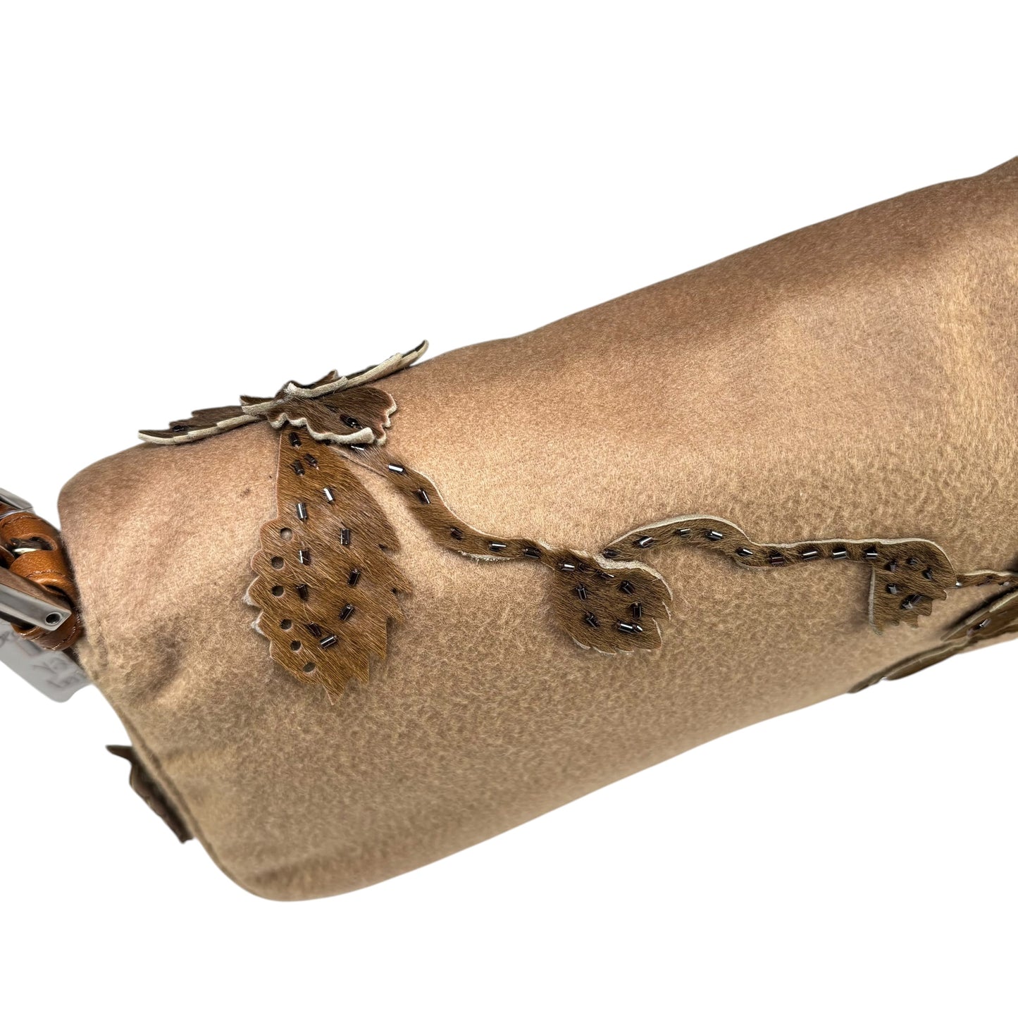 Fendi Y2K Cashmere Brown Pony Floral Beaded Baguette