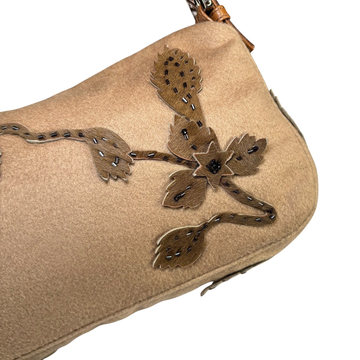 Fendi Y2K Cashmere Brown Pony Floral Beaded Baguette