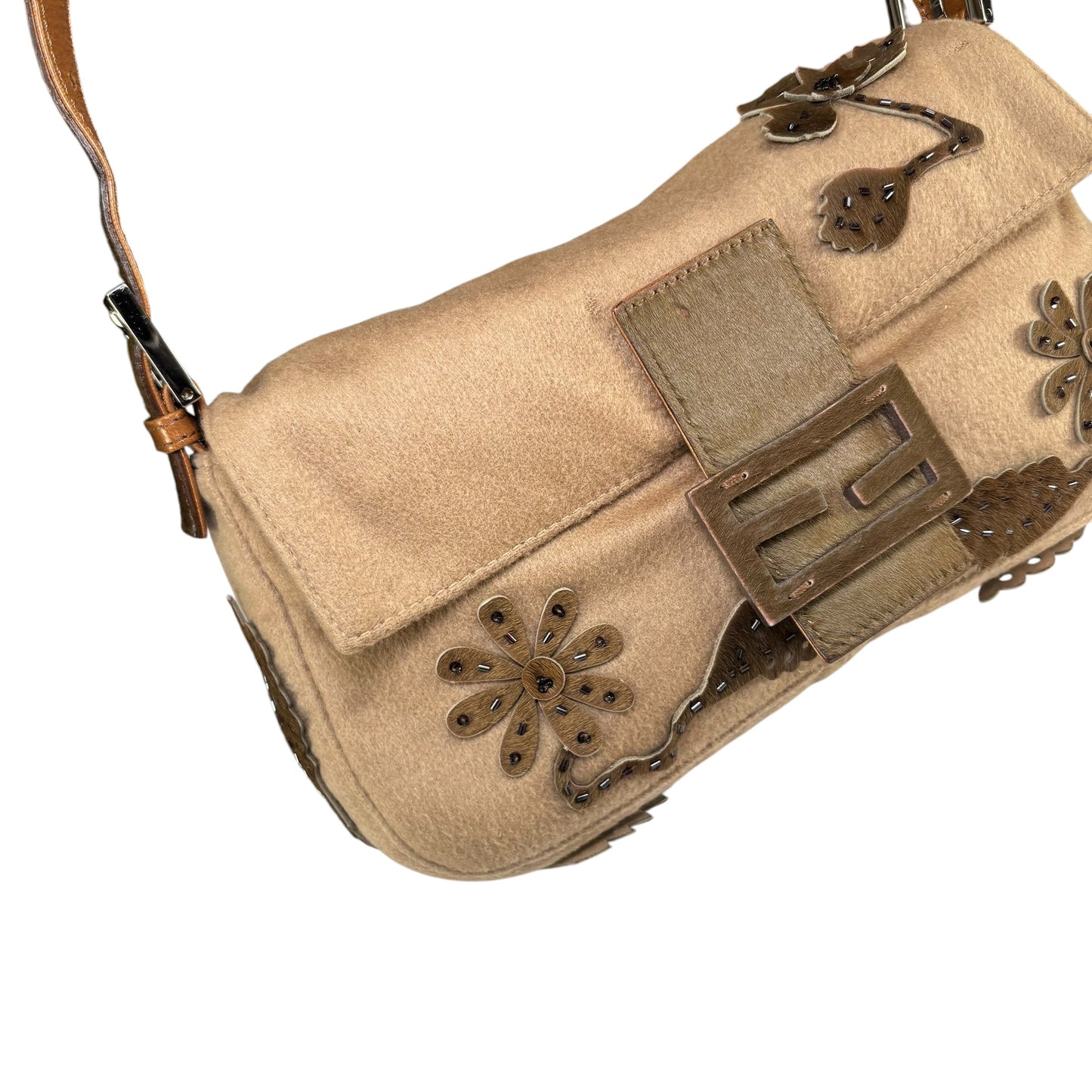 Fendi Y2K Cashmere Brown Pony Floral Beaded Baguette