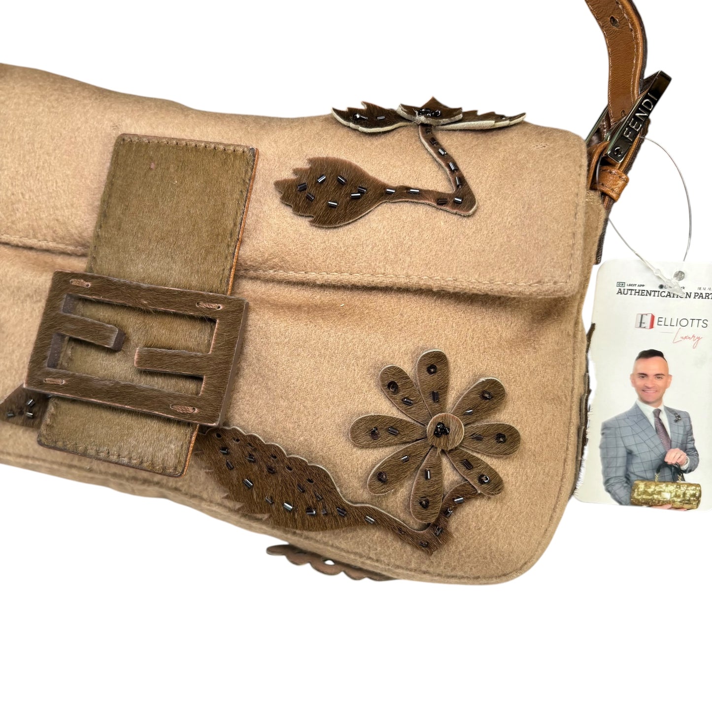 Fendi Y2K Cashmere Brown Pony Floral Beaded Baguette
