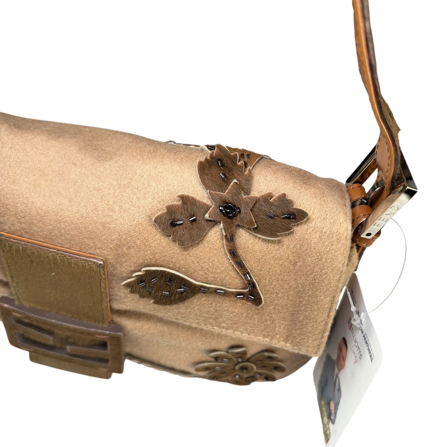 Fendi Y2K Cashmere Brown Pony Floral Beaded Baguette