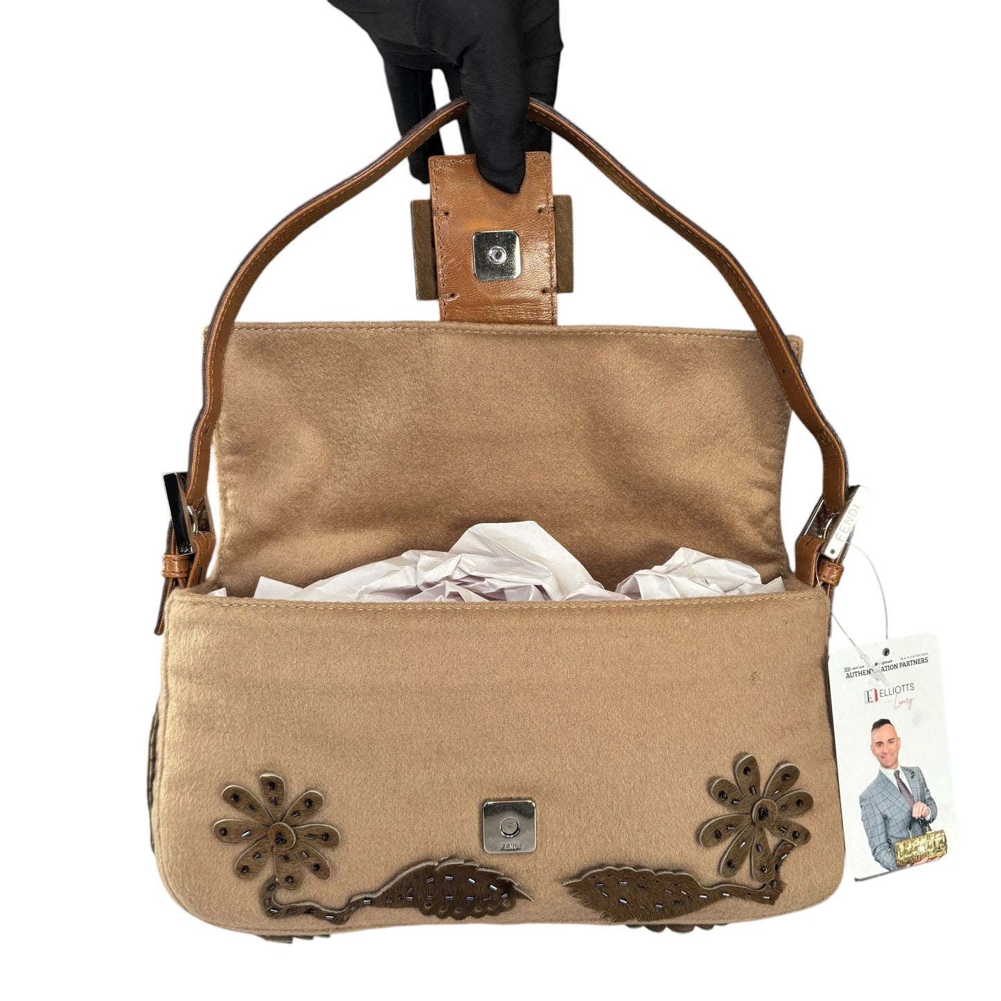 Fendi Y2K Cashmere Brown Pony Floral Beaded Baguette