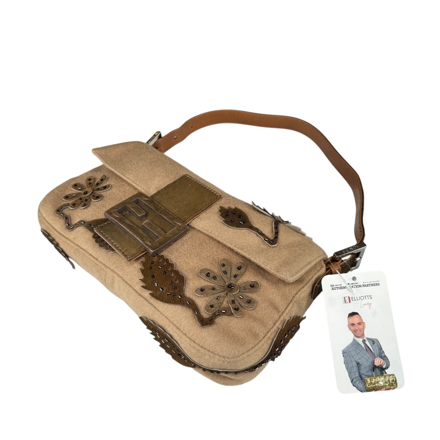 Fendi Y2K Cashmere Brown Pony Floral Beaded Baguette