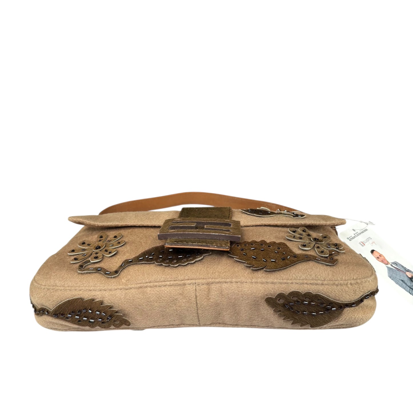 Fendi Y2K Cashmere Brown Pony Floral Beaded Baguette