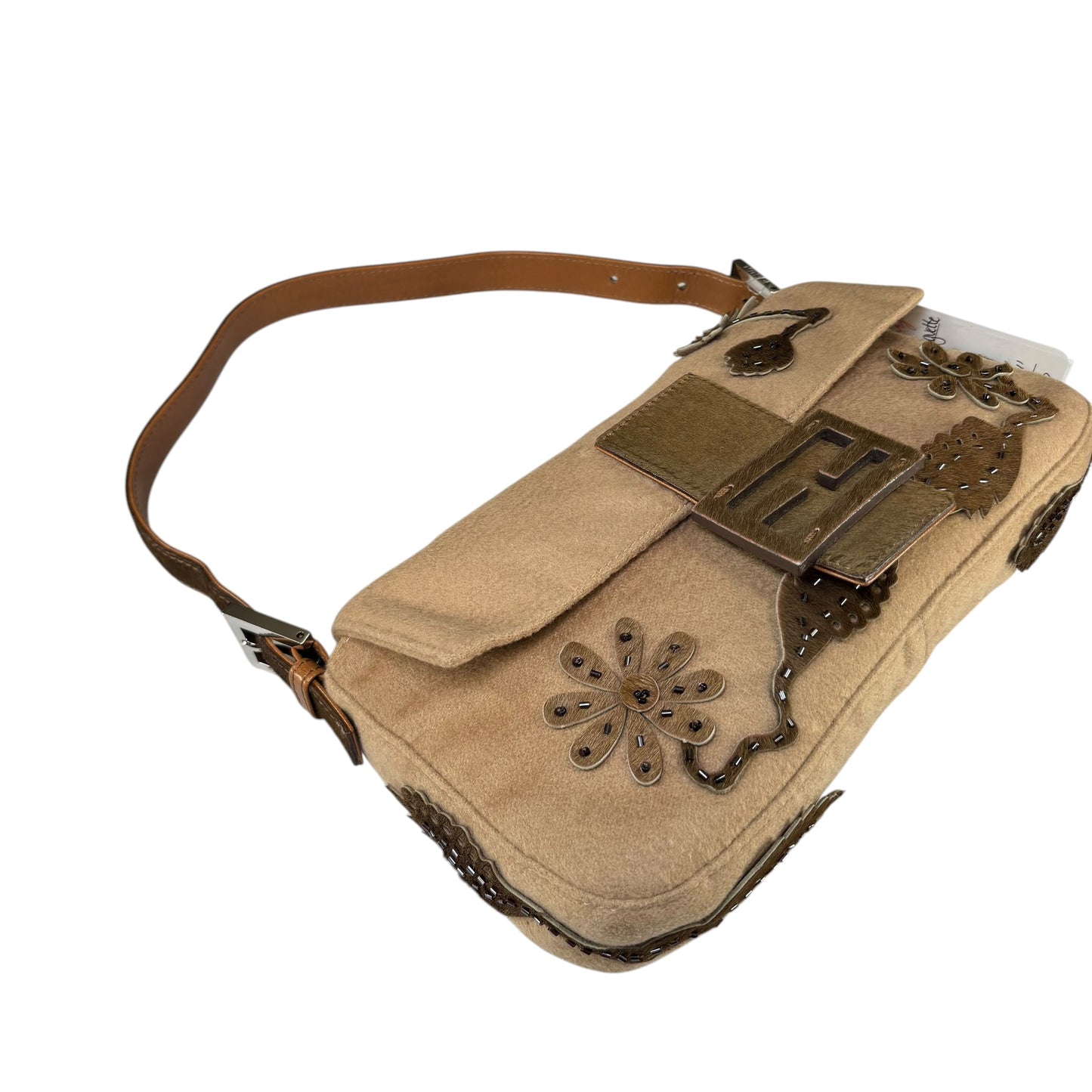 Fendi Y2K Cashmere Brown Pony Floral Beaded Baguette