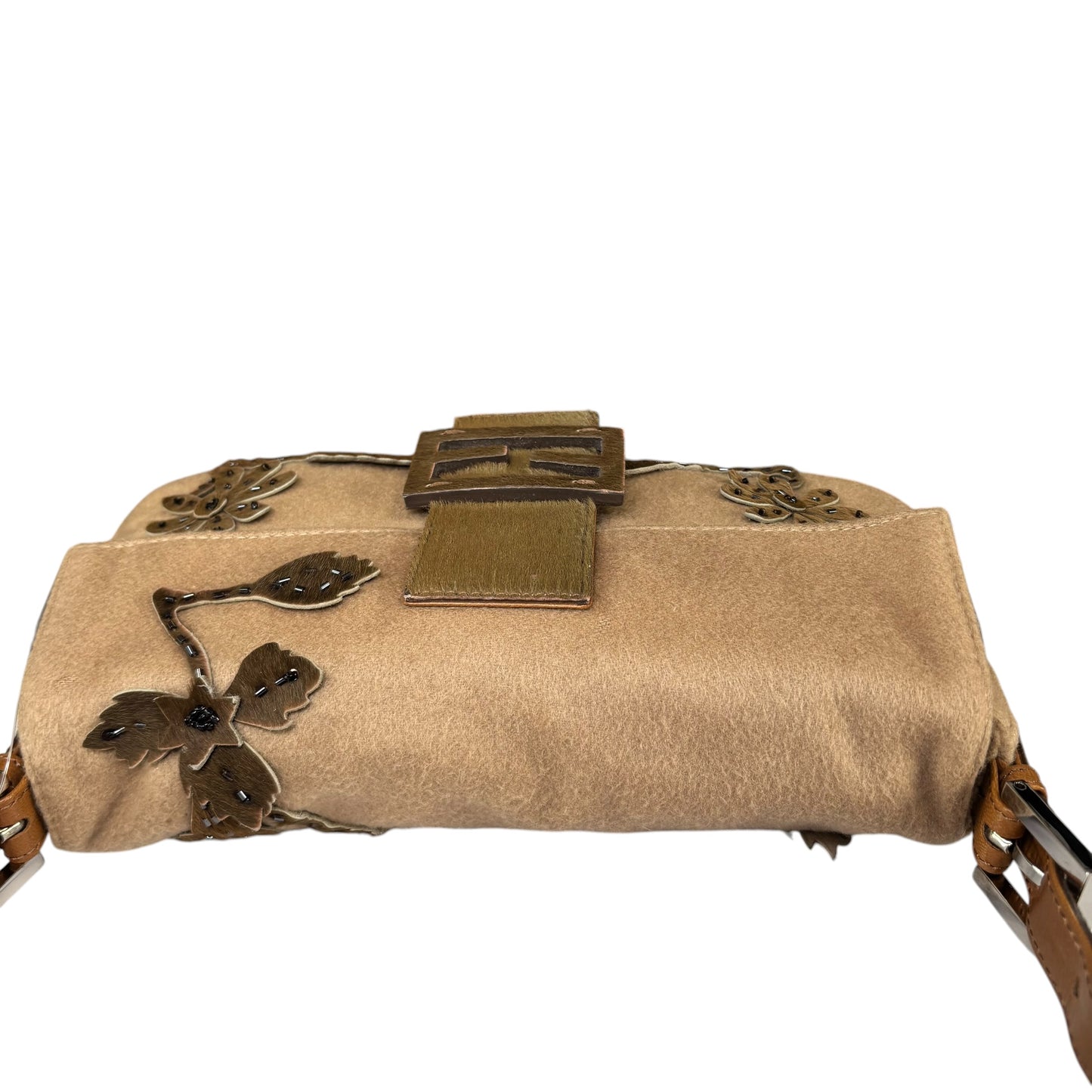 Fendi Y2K Cashmere Brown Pony Floral Beaded Baguette